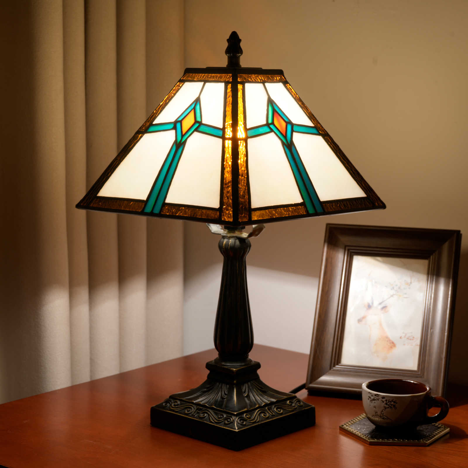 Blibuself Tiffany Tea Green Square Table Lamp Stained Glass Lamp Warm Light Warm Atmosphere Bed Lamp Fit Bedroom Dormitory Dining Room Living Room And Other Tiffany Style Retro Home Decor (8 Inches, Ofu1339)