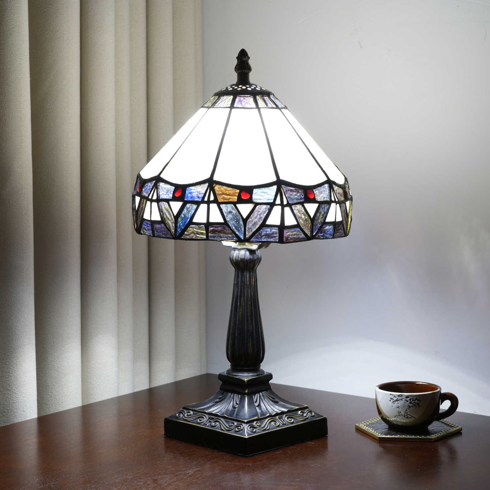 Blivuself Vintage Roman Border Tiffany Style Stained Glass Table Lamp, Art Deco Geometric Pattern, White Glass with Multicolored Trim, Accent Light for Study  Reading Nook，Vintage Industrial Home Decor<OFU1392> 
