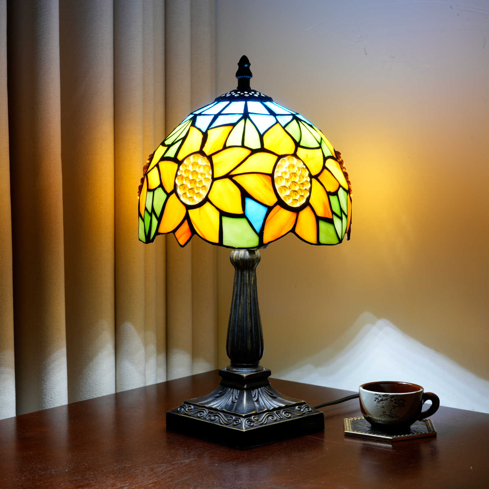 Blivuself Beaded Blue Sunflower Tiffany Style Stained Glass Table Lamp Handcrafted Vintage Art Nouveau Desk Lamp  Warm Ambient Accent Lighting for Bedroom Living Room Reading Nook Home Decor and Holiday Gift<OFU1389>