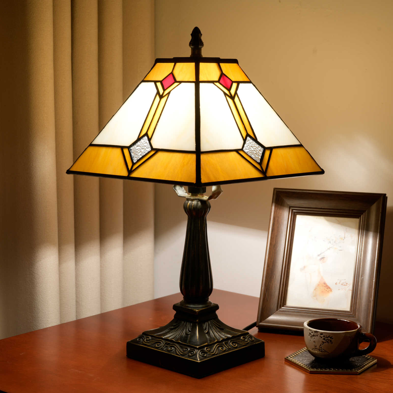 Blivuself Tiffany Red Square Table Lamp Stained Glass Lamp Warm Light Warm Atmosphere Bed Lamp Fit Bedroom Dormitory Dining Room Living Room And Other Tiffany Style Retro Home Decoration (8 Inches, OFU1341)
