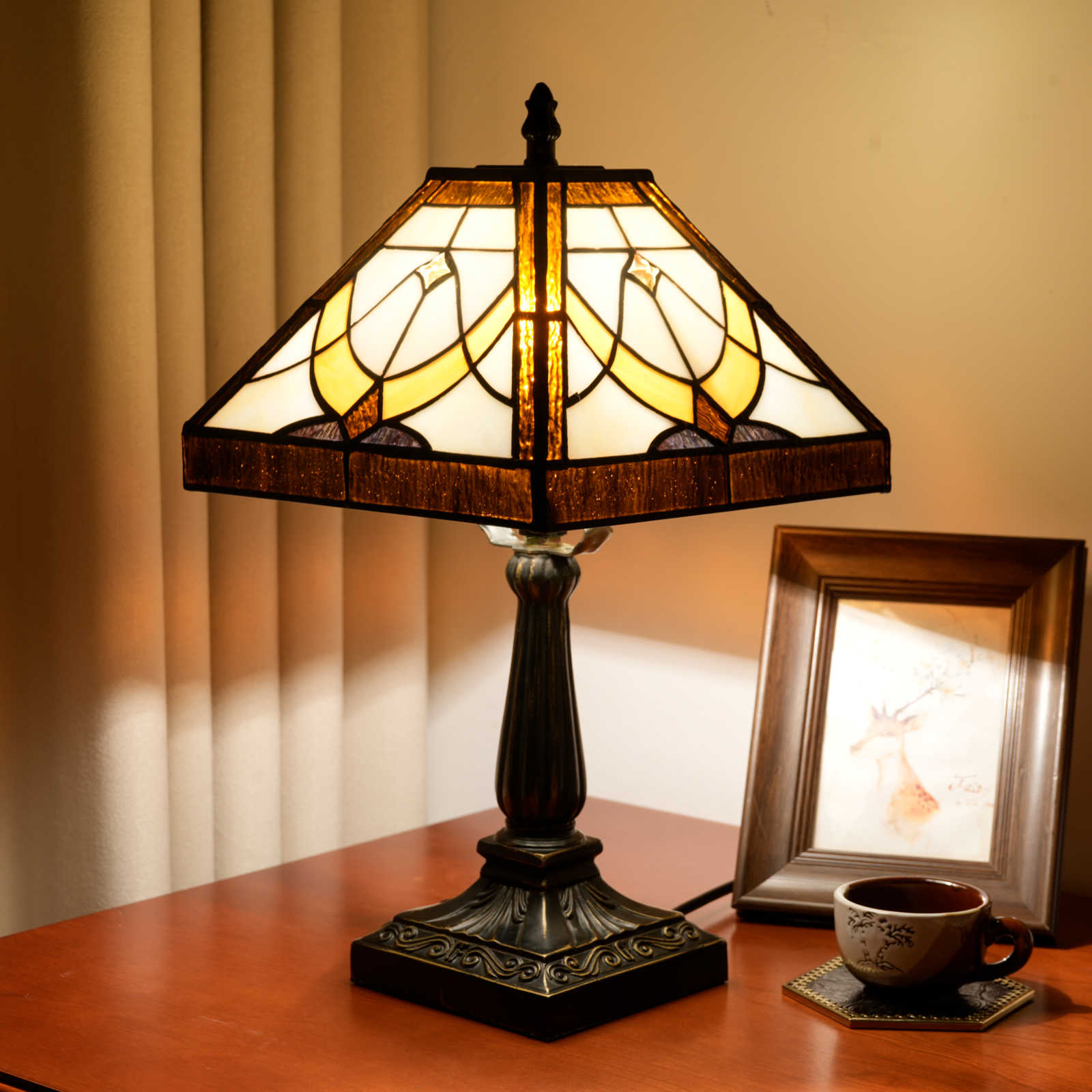 Blivuself Tiffany Table Lamp Tea-Colored Square Stained Glass Lamp Warm Light Warm Atmosphere Bedside Lamp Suitable For Bedroom Dormitory Dining Room And Other Tiffany Style Retro Home Decoration (8 Inches, Ofu1337)