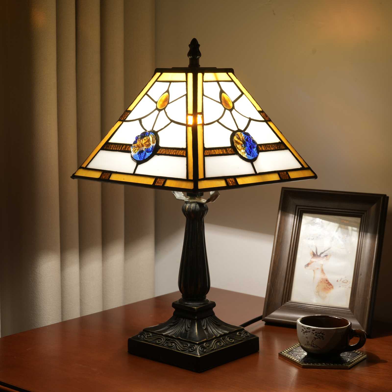 Blivuself Tiffany Table Lamp Red Blue Rose Beads Square Stained Glass Lamp Warm Light Warm Atmosphere Bedside Lamp Suitable For Bedroom Dormitory Dining Room And Other Tiffany Style Retro Home Decoration (8 Inches, OFU1336)
