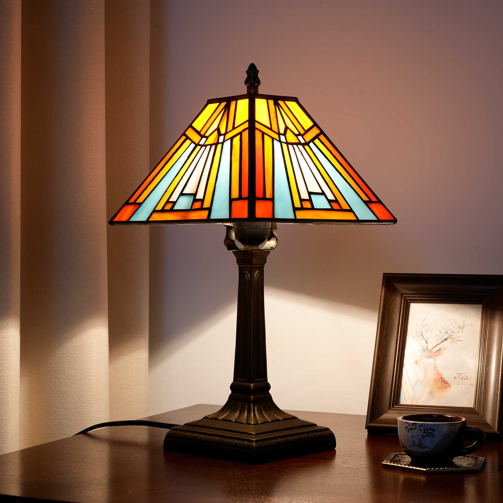 Blivuself Tiffany  Style Stained Glass Desk Lamp 8-Inch Red Desk Lamp For Bedroom Nightstand Study Reading Desk Lamp Kitchen Dormitory Office Cafe Corridor Library Bar Decoration Furniture Decoration European And American Country Countryside Retro Style Unique Lovely Comfortable Life 8-Inch Color Square Desk Lamp OFU1194