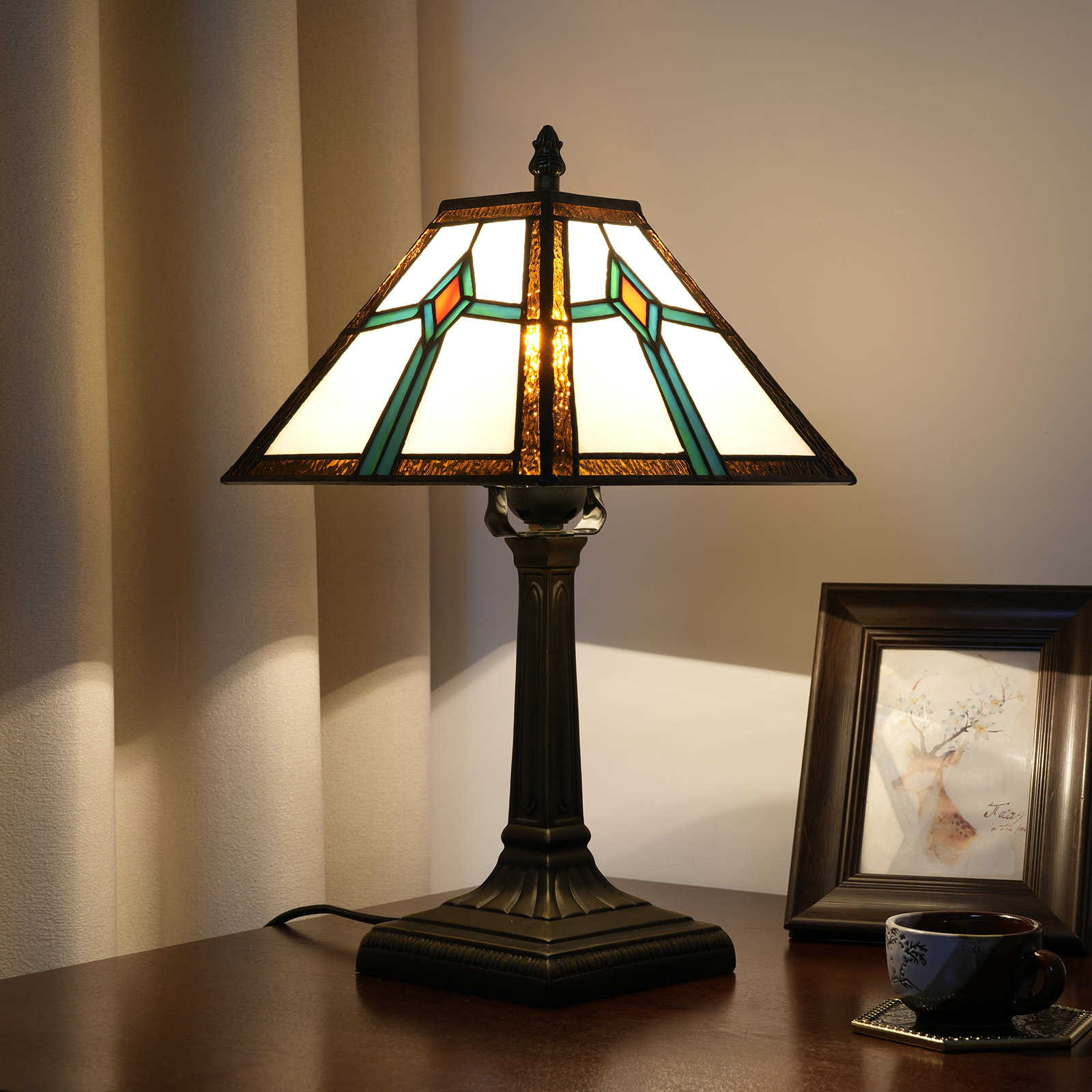Blivuself Tiffany  Style Stained Glass Desk Lamp 8-Inch Green Desk Lamp For Bedroom Bedside Table Study Reading Desk Lamp Kitchen Dormitory Office Cafe Corridor Library Bar Decoration Furniture Decoration European And American Country Countryside Retro Style Unique Lovely Comfortable Life 8-Inch Tea Green Square Desk Lamp OFU1197