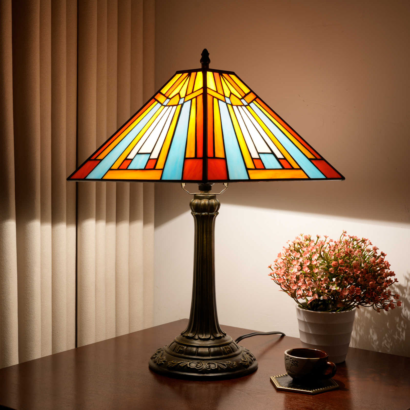 Blivuself 12 Inch Tiffany Style Mission Stained Glass Table Lamp, Art Deco Geometric Desk Light with Orange, Blue, Yellow & White Handcrafted Glass Shade, Antique Bronze Finished Metal Base, Perfect for Living Room, Bedroom, Office, Nightstand & Traditional Home Decor  OFT1301