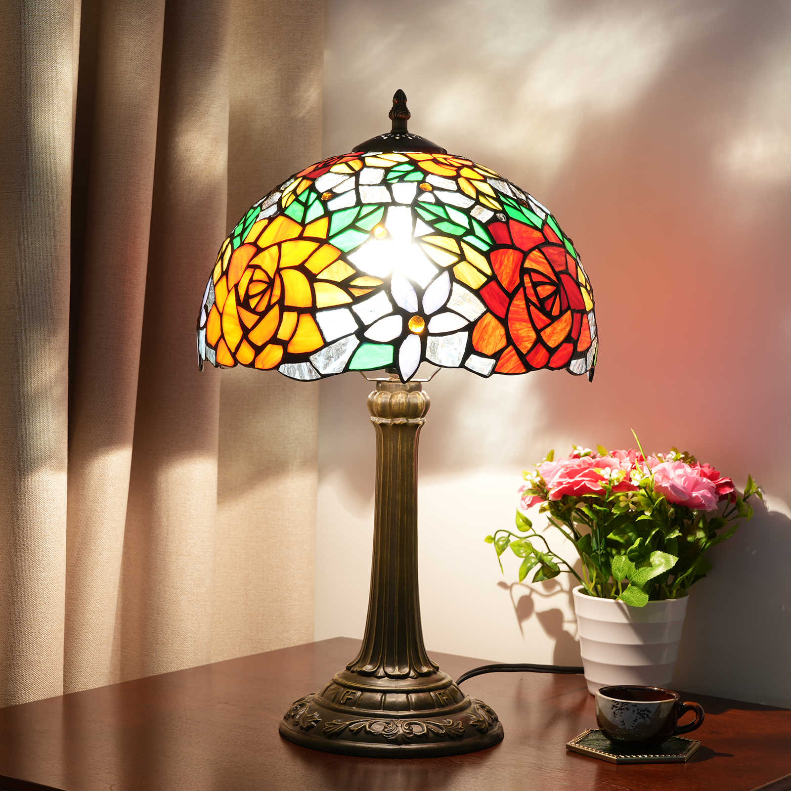 Blivuself Tiffany Style Stained glass lamp shadeLampshade European Style Retro Style Red Rose Style 12 Inch Desk Lamp Eye Protection Lamp Is Suitable For Decorating Living Room, Study, Bedroom Nightstand, Table Lamp, Decorative Retro Glass Lampshade, Desk, Retro Glass Desk, Kitchen Furniture Decoration 12 Inch Beautiful Rose Desk Lamp OFT1018