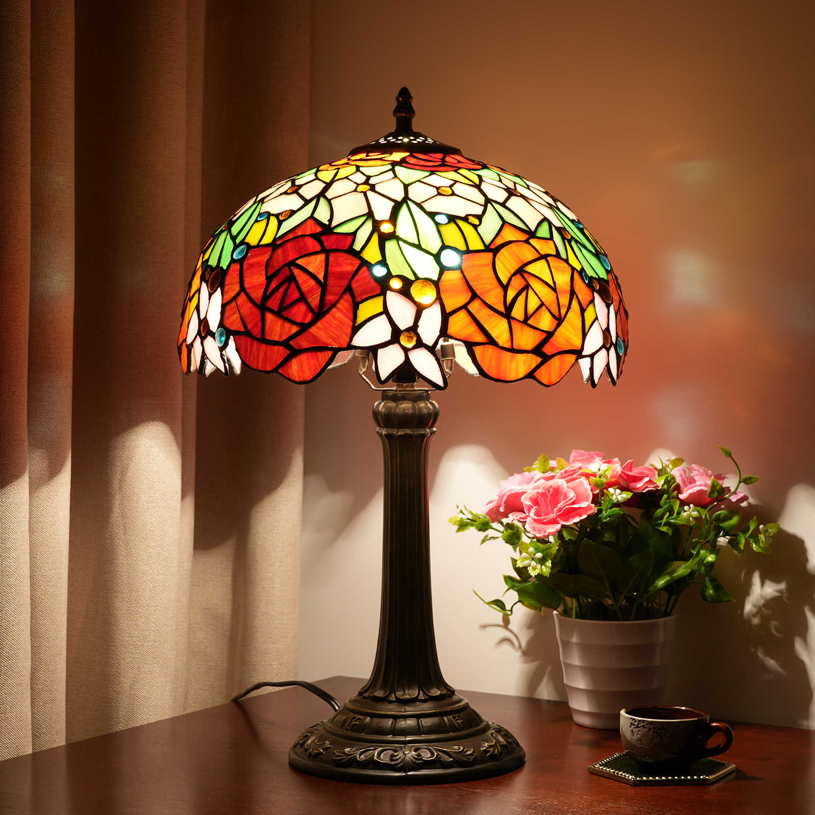 Blivuself Tiffany Lamp Bedside Table Lamp-Nightstand,Stained Glass Lamp for Bedroom Dorm Living Kitchen, Aesthetic Cute Home Decor Gift (Gorgeous RoseOFT1189)