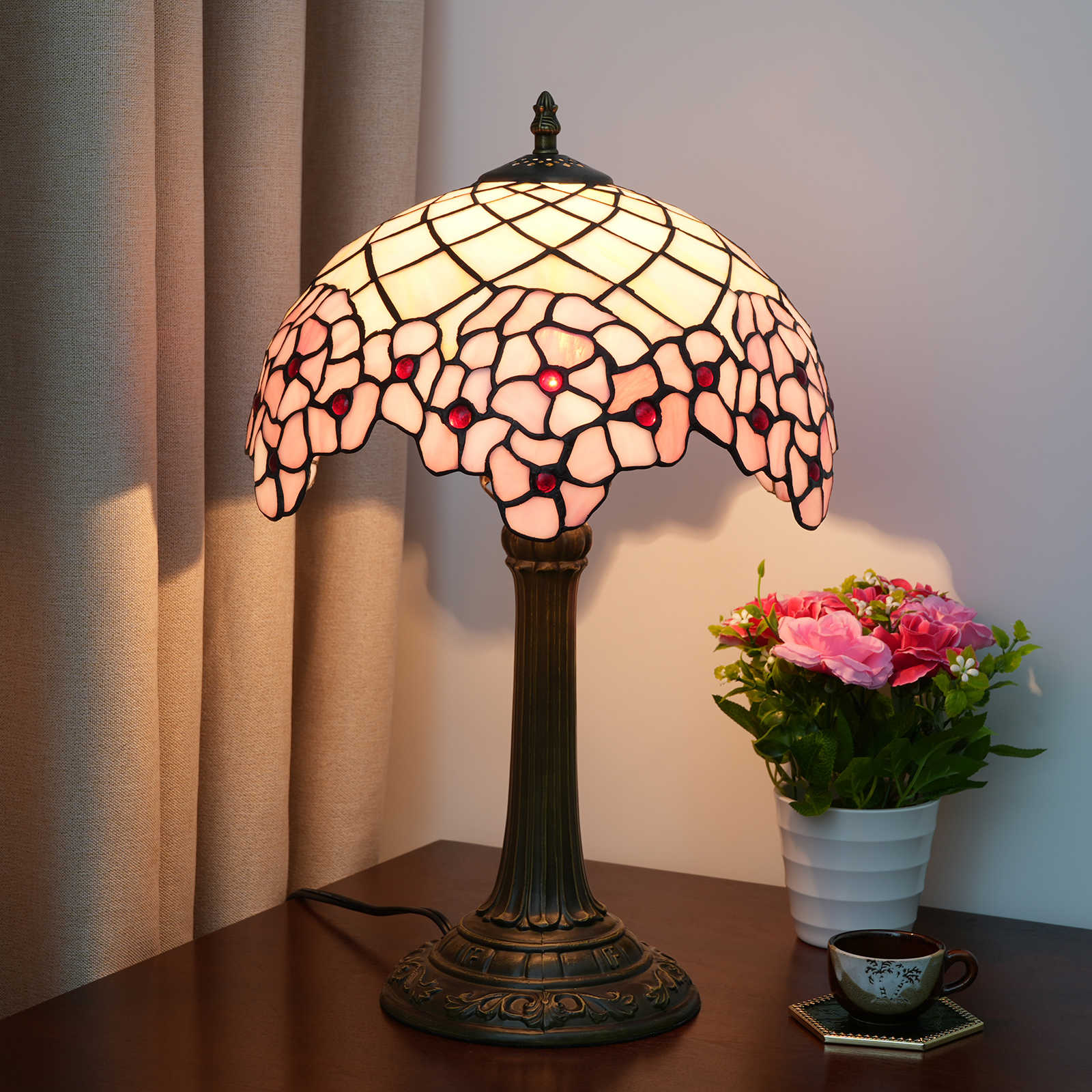Blivuself Tiffany  Style Stained Glass Lamp Shade European And American Romantic Retro Style Pink Desk Lamp Pink Cherry 12-Inch Desk Lamp Eye Protection Desk Lamp Suitable For Decorating Living Room, Study, Bedroom Nightstand, Desk Lamp, Decorative Retro Glass Lamp Shade, Desk, Retro Glass Desk, Kitchen Furniture Decorated Cherry Lamp OFT972