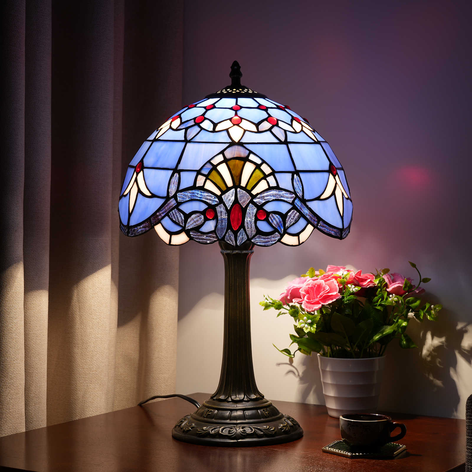 Blivuself  Tiffany Style Stained Glass Lamp Shade European Style Retro Style Simple Victorian Style Blue Lavender Baroque 12-Inch Desk Lamp Eye Protection Desk Lamp Is Suitable For Decorating Living Room, Study, Bedroom Nightstand, Desk Lamp, Decorative Retro Glass Lamp Shade, Desk, Retro Glass Desk, Kitchen Furniture Decoration 12-Inch Blue Baroque Lamp OFT1022