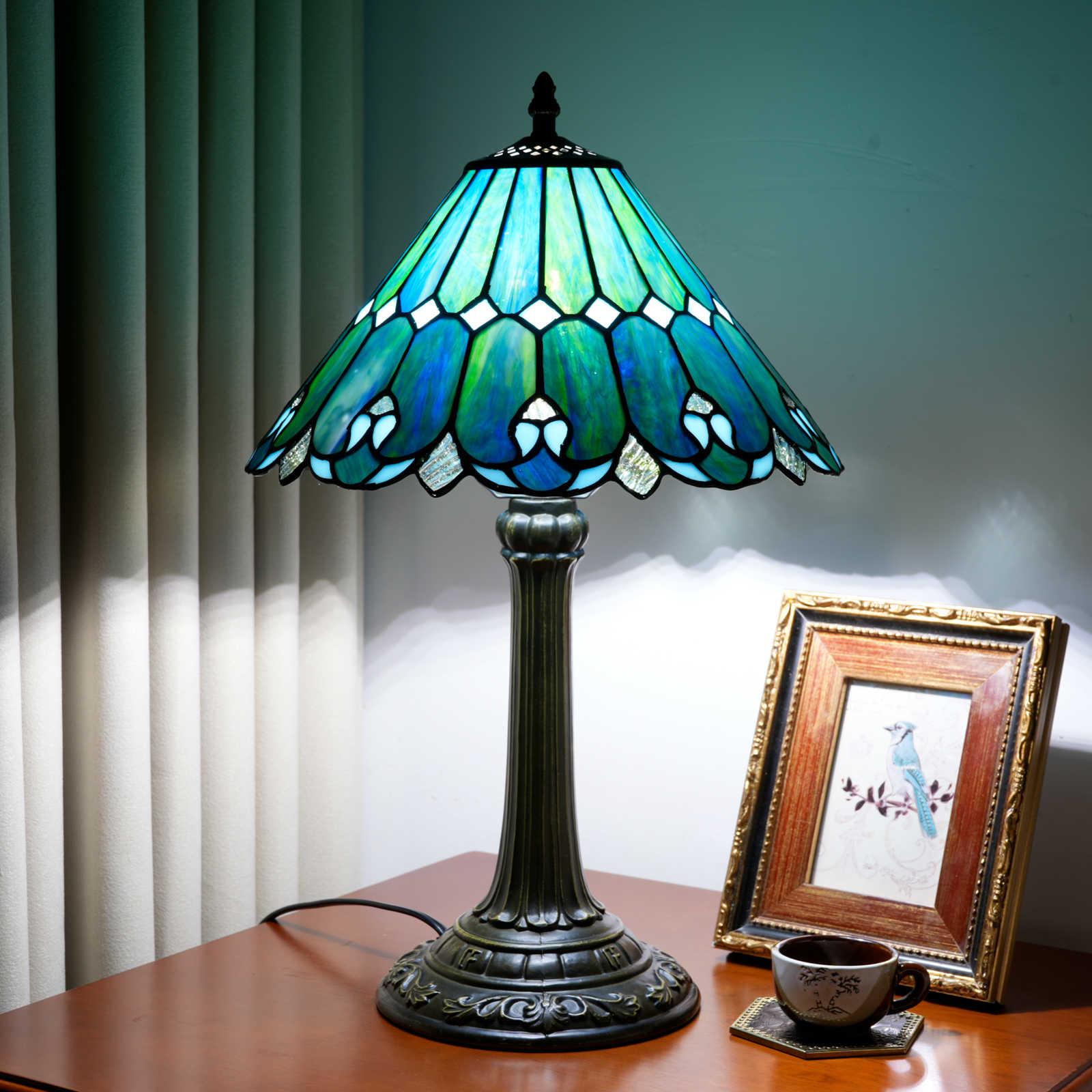 Blivuself Tiffany Table Lamp 12 Inch Stained Glass Table Lamp Blue Umbrella Warm Color Reading Lamp Suitable For Bedrooms Dormitory Dining Room And Other Tiffany Retro Style Classical Art Home Decoration Art（OFT1356）