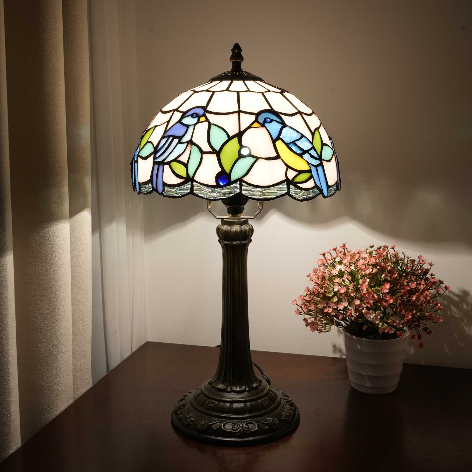 Blivuself Tiffany Table Lamp 10 Inch Stained Glass Lamp Classic Art Style 2 Blue Robin Warm Color Lighting Eye Protection Reading Lamp For Study Bedroom Dining Room Office Tiffany Retro Style Home Decoration（OFT1318）