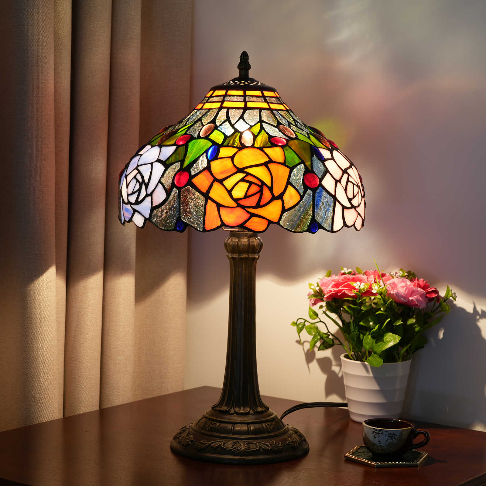 Blivuself Tiffany Style Stained Glass Lamp Red Orange Purple Pink Rose Table Lamp Bedroom Bedside Reading Desk Light for Living Office Retro Unique Cute Accent Decor 12" Village Gift Nightstand Lamps OFT998
