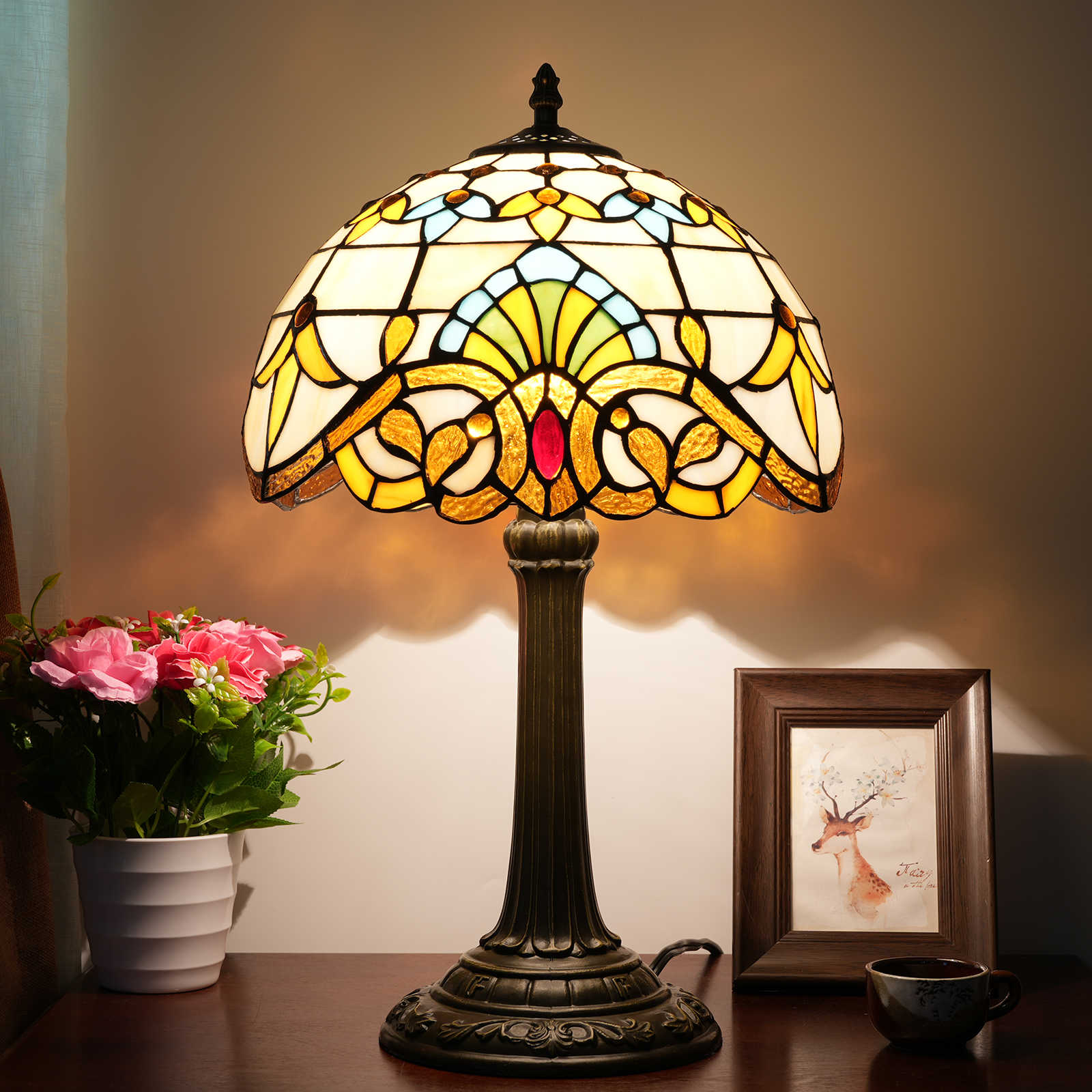 Blivuself Tiffany  Style Stained Glass Lamp Shade European Retro Warm And Comfortable Style Simple Pastoral Style Yellow Baroque 12 Inch Table Lamp Eye Protection Table Lamp Is Suitable For Decorating Living Room, Study, Bedroom Nightstand, Table Lamp, Decorative Retro Glass Lamp Shade, Desk, Retro Glass Desk, Kitchen Furniture Decoration 12 Inch Baroque Lamp OFT1032