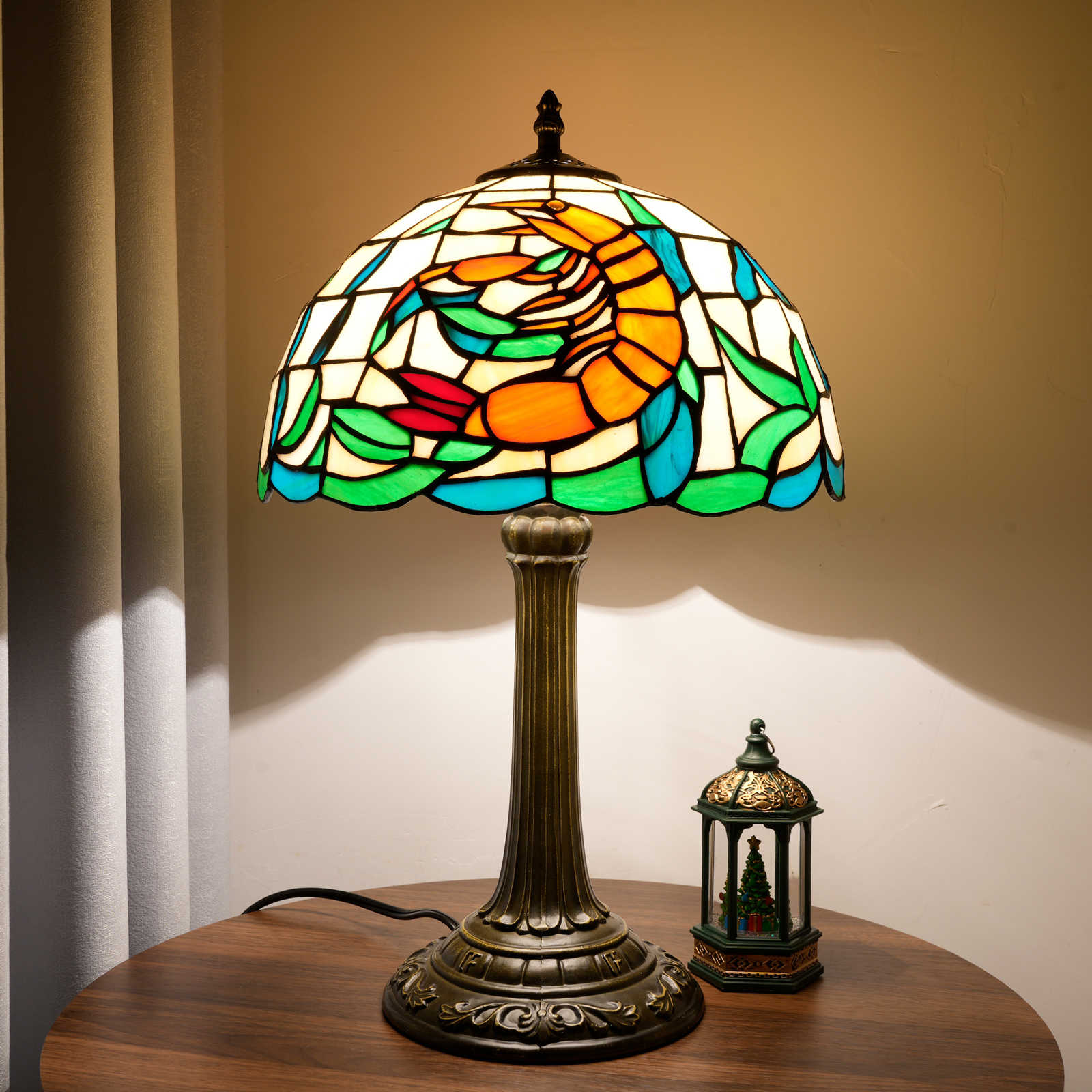  Blivuself Tiffany Stained Glass Table Lamp,12-Inch Orange Shrimp Green Seaweed Creates Ripples Of Ocean Art, Suitable For Home Decoration Art In Bedrooms, Dormitories, Dining Rooms, Etc（OFT1343）