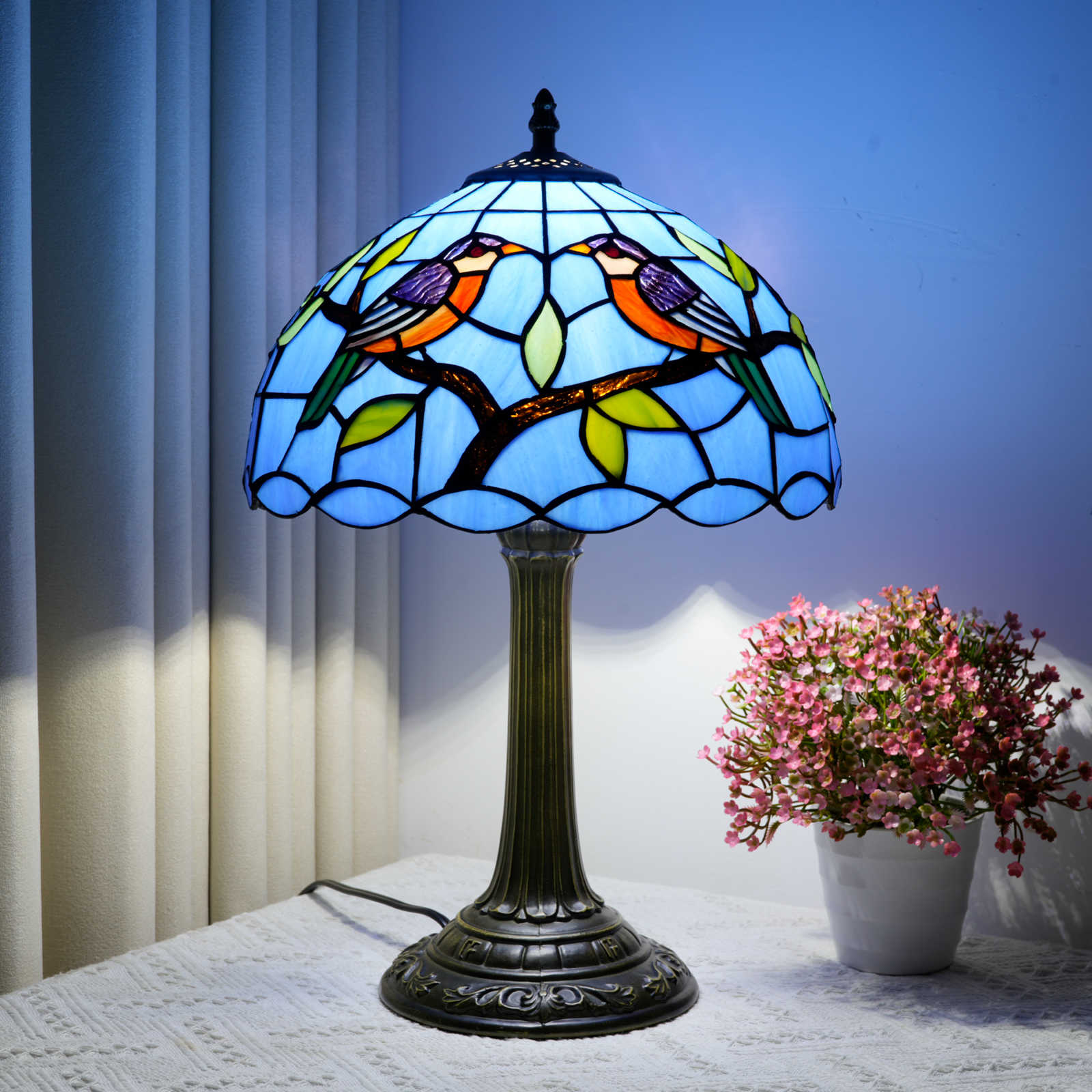 Blivuself Tiffany Style Handmade Creative Stained Glass Table Lamp Blue Double Bird Adapted Table Lamp Chandel Ceiling Lamp And Other Traditional Retro Style Bedside Lamp Home Decoration Classical Art Process OFT1372