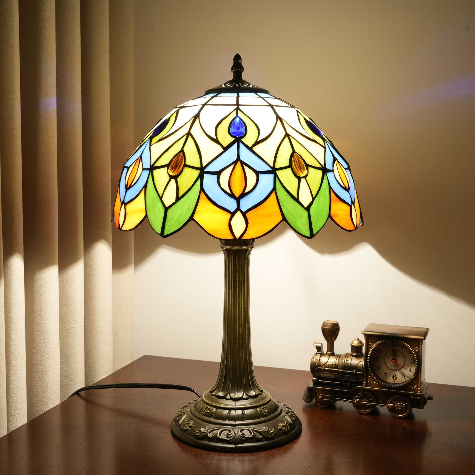  Blivuself Tiffany Stained Glass Table Lamp, 12-Inch Retro-Style Orange Peacock Tail, Suitable For Home Decoration Art In Bedrooms, Dormitories, Dining Rooms, Etc（OFT1339）