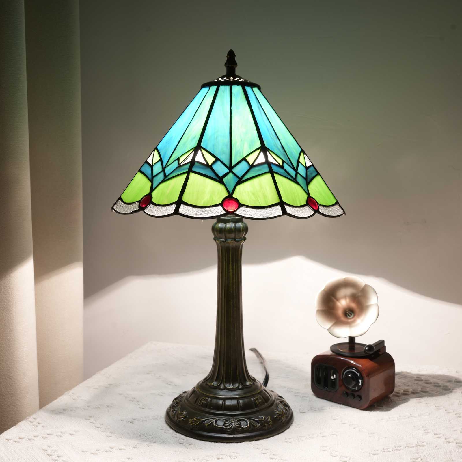 Blivuself Tiffany Stained Glass Table Lamp,12-Inch Retro-Style Cyan Umbrella-Shaped Handcrafted Art, Suitable For Home Decoration Art In Bedrooms, Dormitories, Living Rooms, Etc（OFT1336）