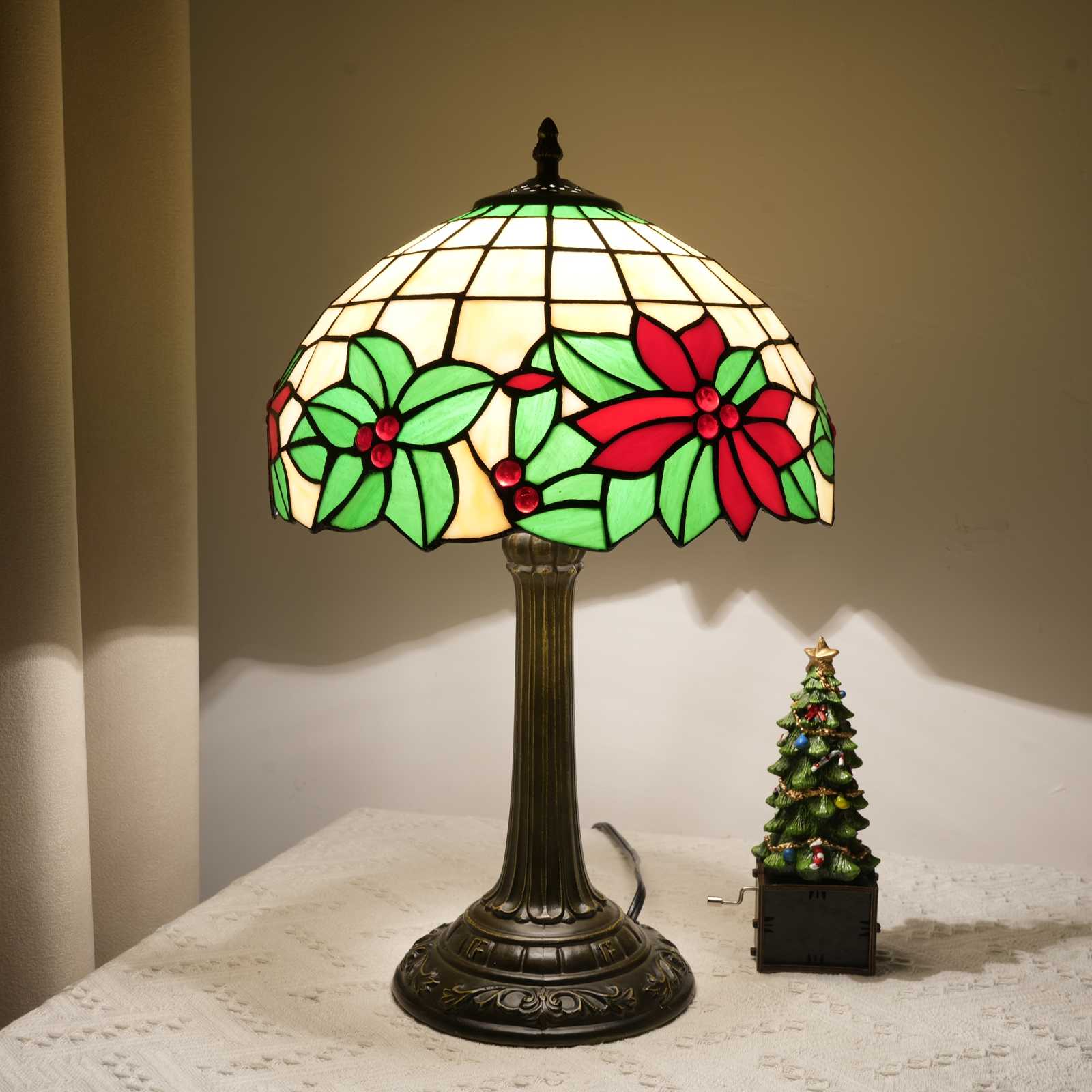 Blivuself Tiffany Stained Glass Table Lamp,12-Inch Christmas Festive Atmosphere Decorative Handcrafted Art, Suitable For Bedrooms, Dormitories, Living Rooms, Etc. (Red, Green)OFT1332