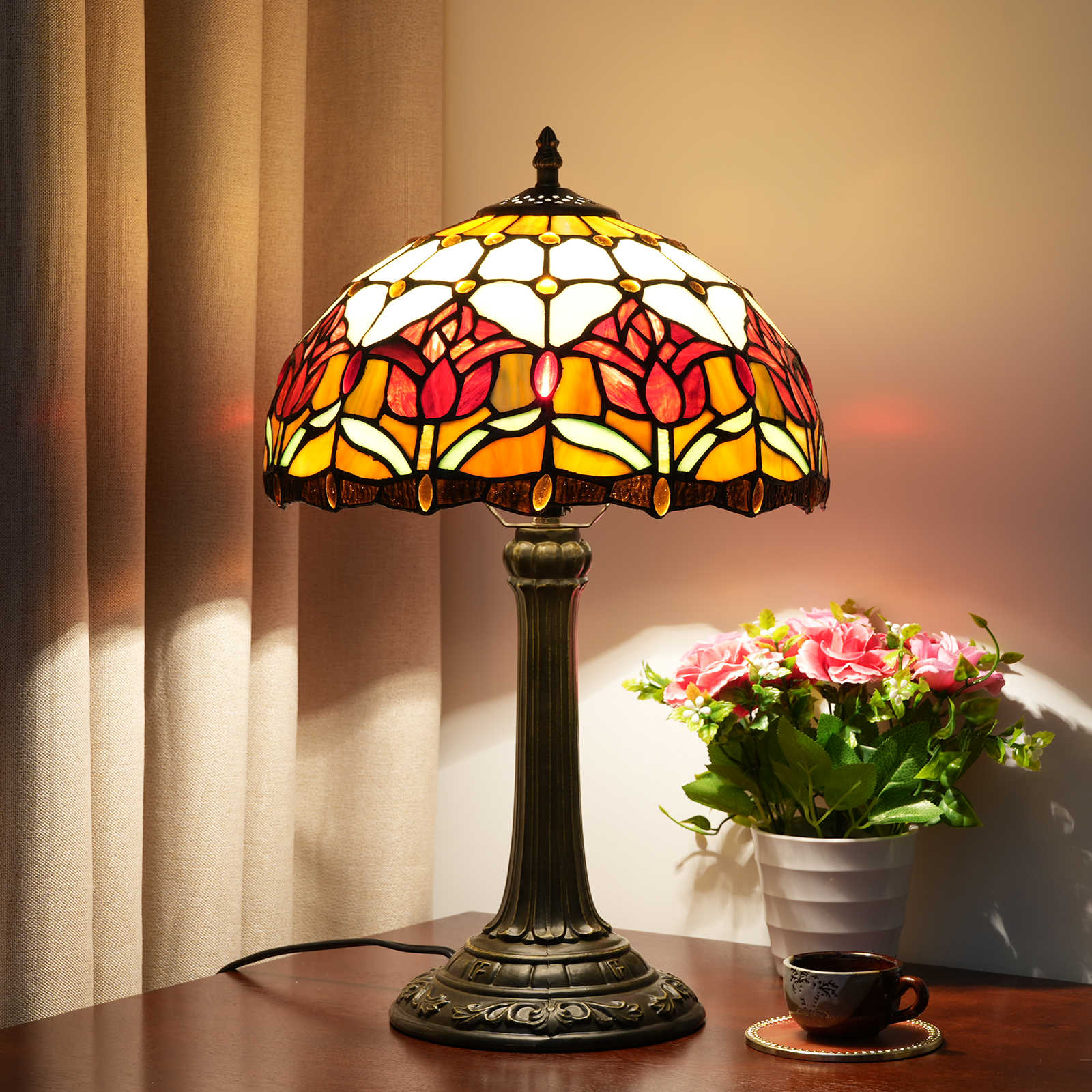 Blivuself Tiffany Style Stained Glass Lampshade European Warm And Comfortable Style Retro Style Simple Pastoral Style Red Tulip 12 Inch Desk Lamp Eye Protection Desk Lamp Is Suitable For Decorating Living Room, Study, Bedroom Nightstand, Desk Lamp, Decorative Retro Glass Lampshade, Desk, Retro Glass Desk, Kitchen Furniture Decoration 12 Inch Red Tulip Desk Lamp OFT1028