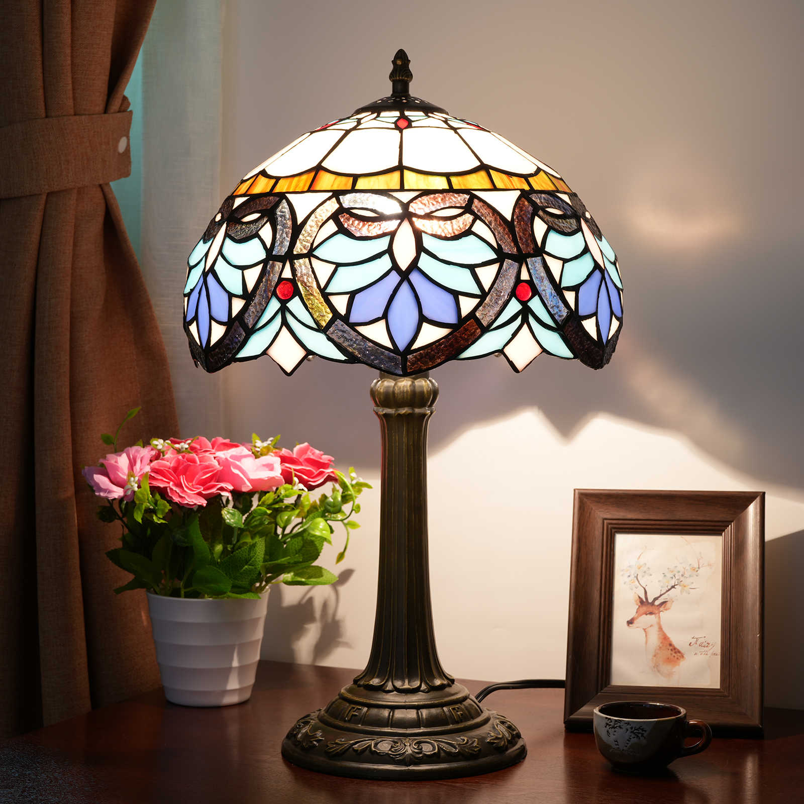 Blivuself Tiffany Style Colored Glass Lampshade European Style Retro Style Simple Victorian Style Blue White Blue Love 12 Inch Desk Lamp Eye Protection Desk Lamp Is Suitable For Decorative Living Room, Study, Bedroom Nightstand, Desk Lamp, Decorative Retro Glass Lampshade, Desk, Retro Glass Desk, Kitchen Furniture Decoration 12 Inch Blue Love Lamp OFT1024