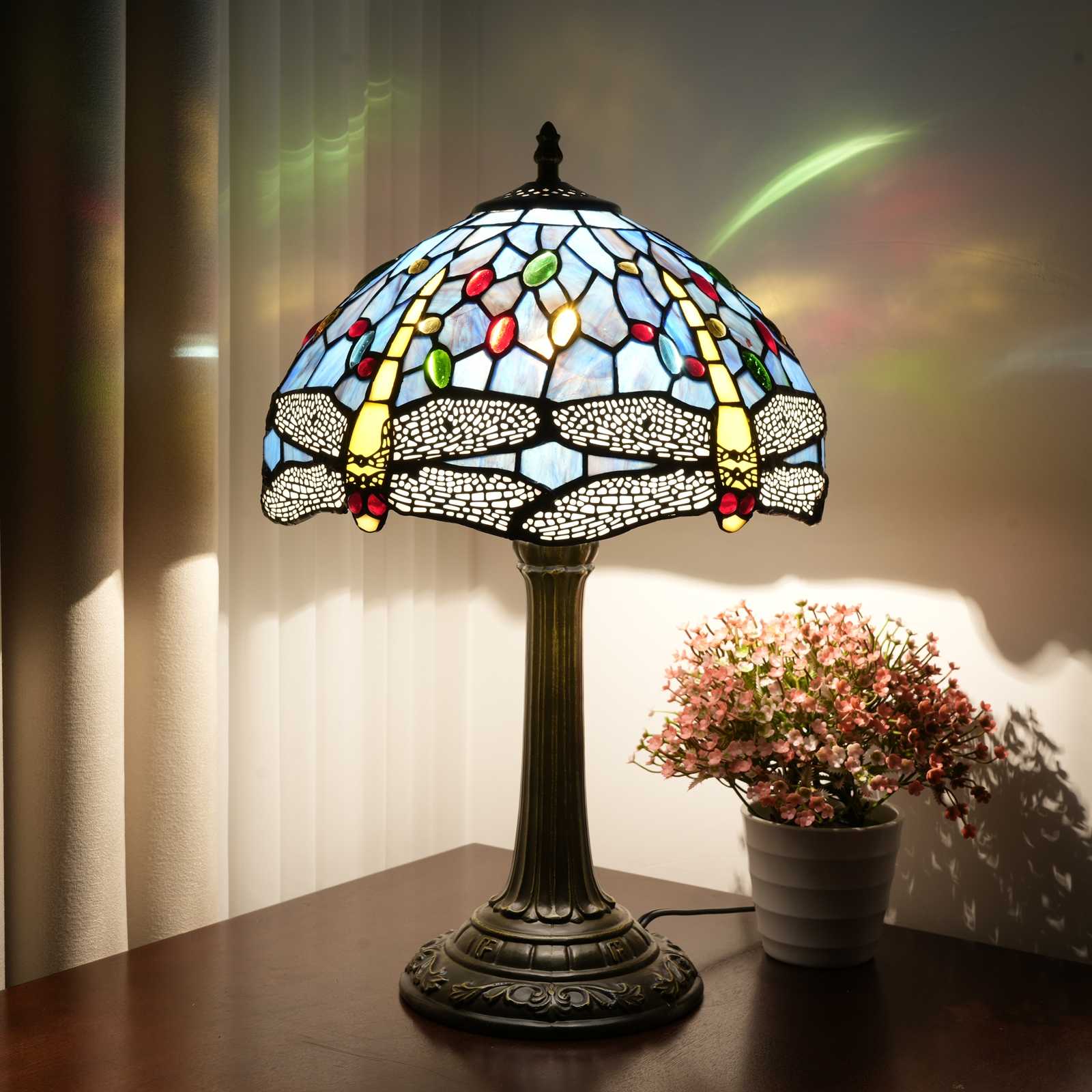 Blivuself Tiffany Stained Glass Table Lamp, 12 Inch Victorian Retro Style Dragonfly Pattern Design, Suitable For Bedroom Study Dining Room And Other Home Decoration Art (OFT1293, Blue Violet)