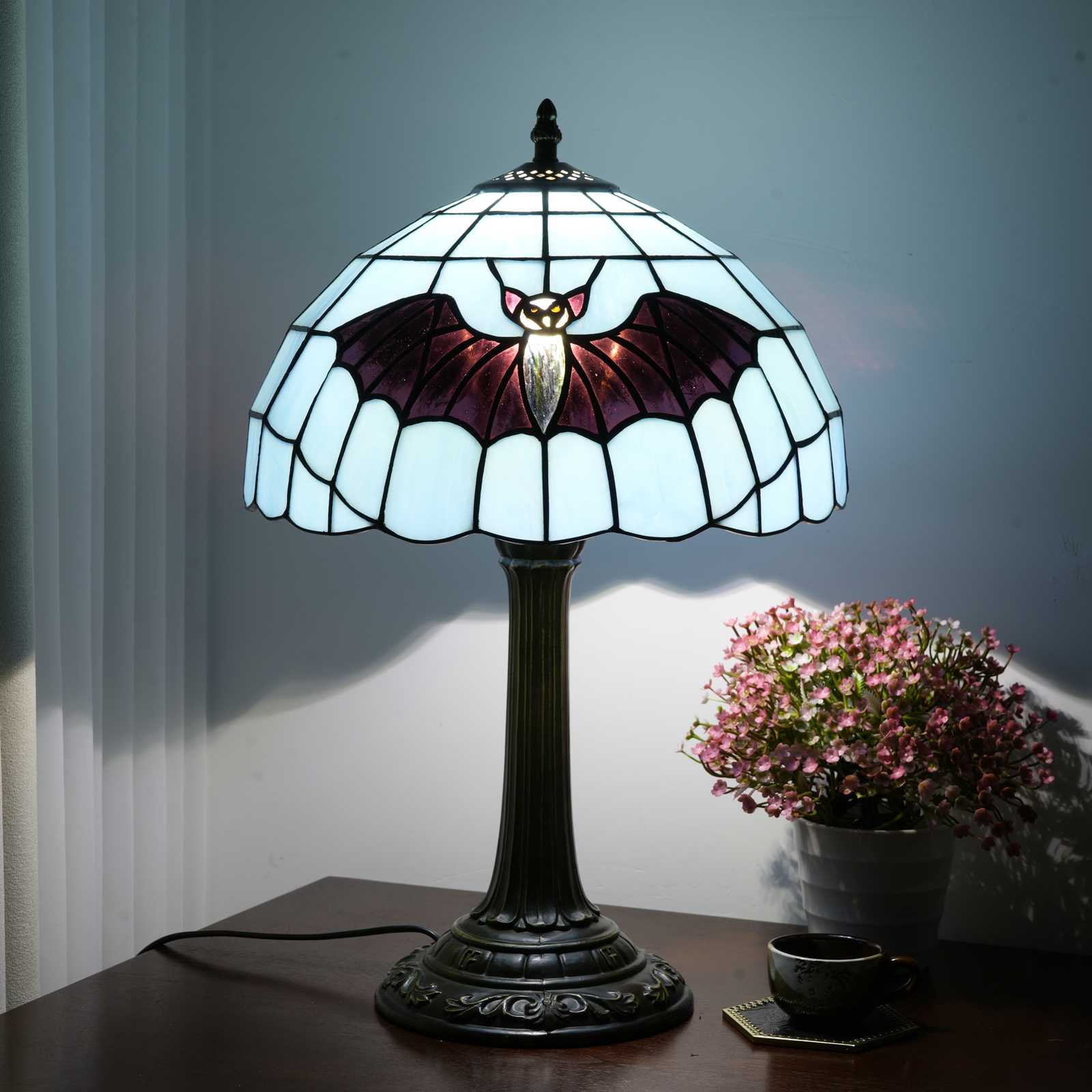 Blivuself Tiffany Style Stained Glass Table Lamp,12-Inch Blue Background Bat Bedside Lamp, Handcrafted, Suitable For Home Decoration Art In Bedrooms, Dormitories, Dining Rooms, Etc（OFT1317）