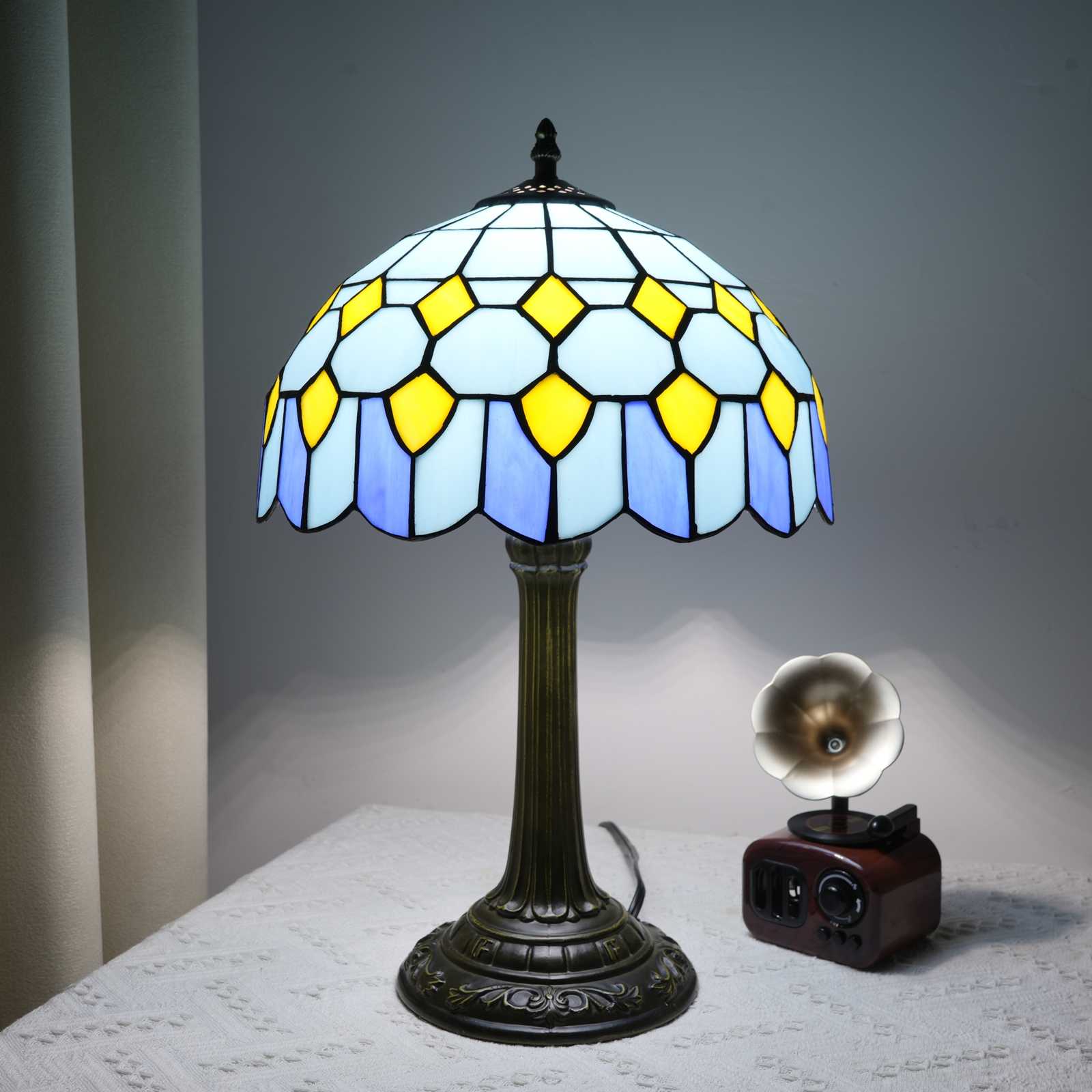 Blivuself Tiffany Stained Glass Table Lamp,12-Inch Simple Style Blue And Yellow Checkered Handcrafted Art, Suitable For Home Decoration Art In Bedrooms, Dormitories, Living Rooms, Etc（OFT1334）