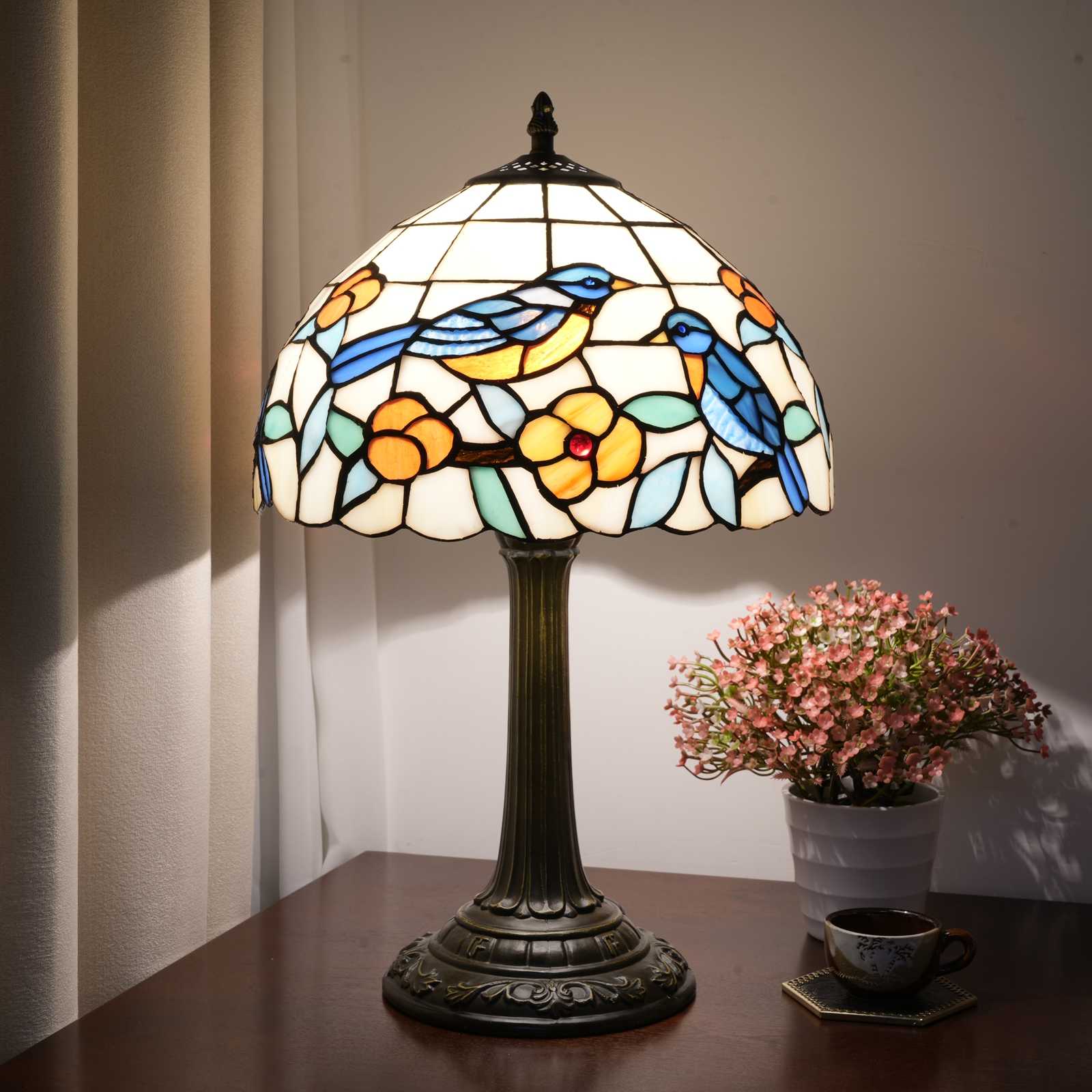 Blivuself Tiffany Style Stained Glass Table Lamp,12-Inch Robin Plum Blossom Bedside Lamp, Handcrafted, Suitable For Home Decoration Art In Bedrooms, Dormitories, Dining Rooms, Etc（Blue, Deep Red）OFT1322