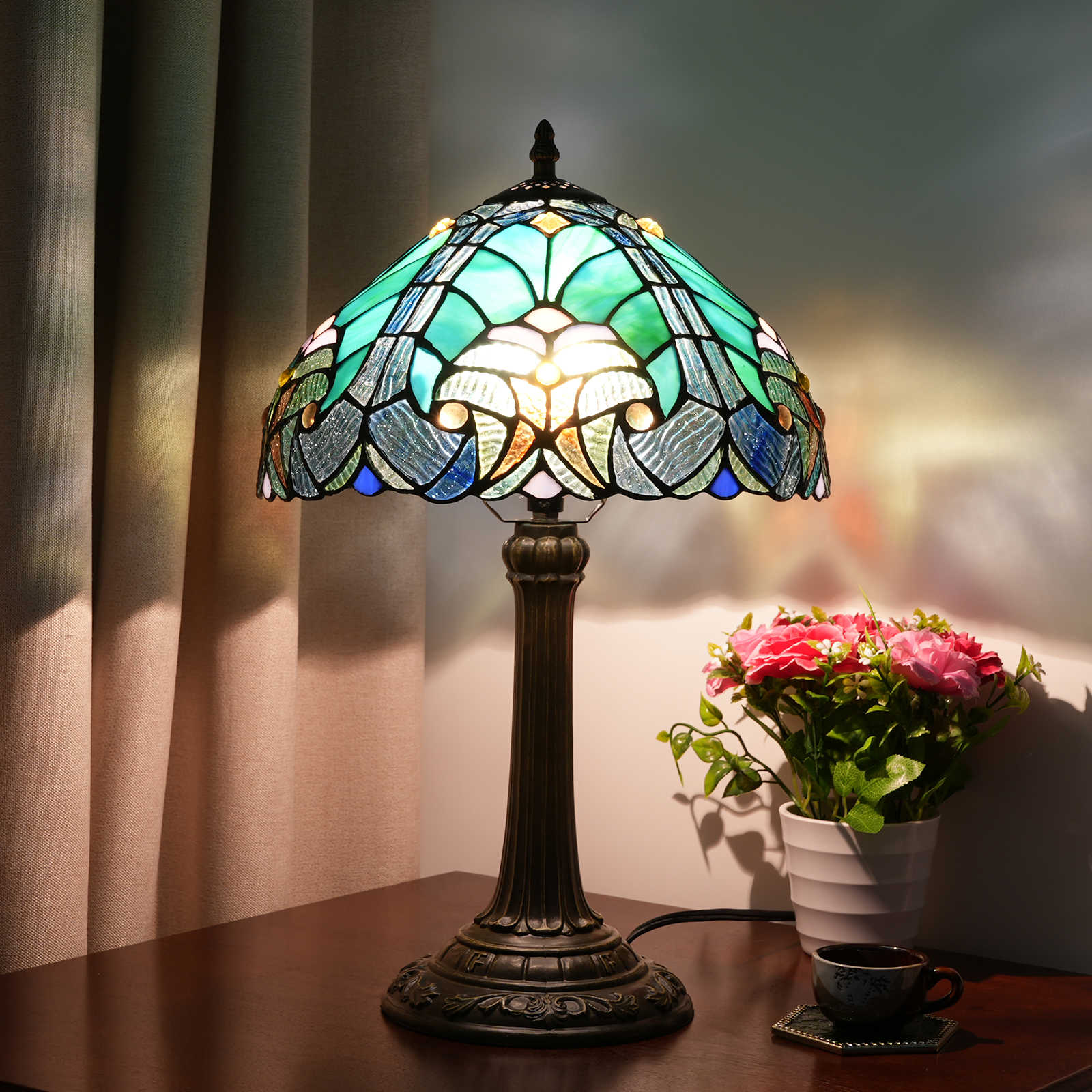 Blivuself Tiffany  Style Stained Glass Lamp Shade European And American Style Retro Style Turquoise Green Lamp Blue Point Watermelon Skin Lamp 12-Inch Lamp Eye Protection Lamp Is Suitable For Decorating Living Room, Study, Bedroom Nightstand, Lamp, Decorative Retro Glass Lamp Shade, Desk, Retro Glass Desk, Kitchen Furniture Decoration Blue Spot Watermelon Skin Lamp OFT1000