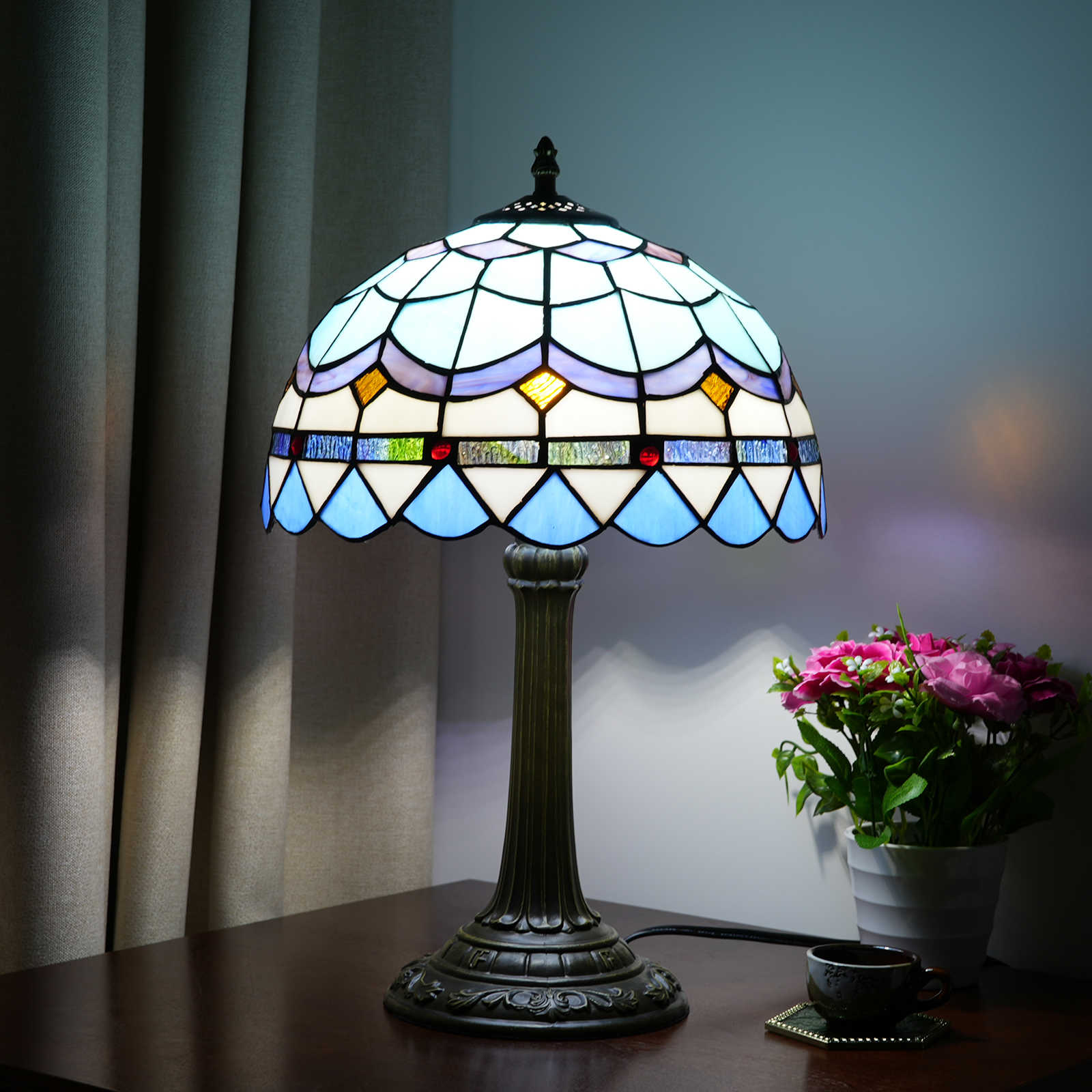 Blivuself Tiffany  Style Stained Glass Lamp Shade European Retro Warm And Comfortable Style Sky Blue Mediterranean Romantic Feather 12 Inch Desk Lamp Eye Protection Desk Lamp Is Suitable For Decorating Living Room, Study, Bedroom Nightstand, Desk Lamp, Decorative Retro Glass Lamp Shade, Desk, Retro Glass Desk, Kitchen Furniture Decoration 12 Inch Mediterranean Feather Lamp OFT1034