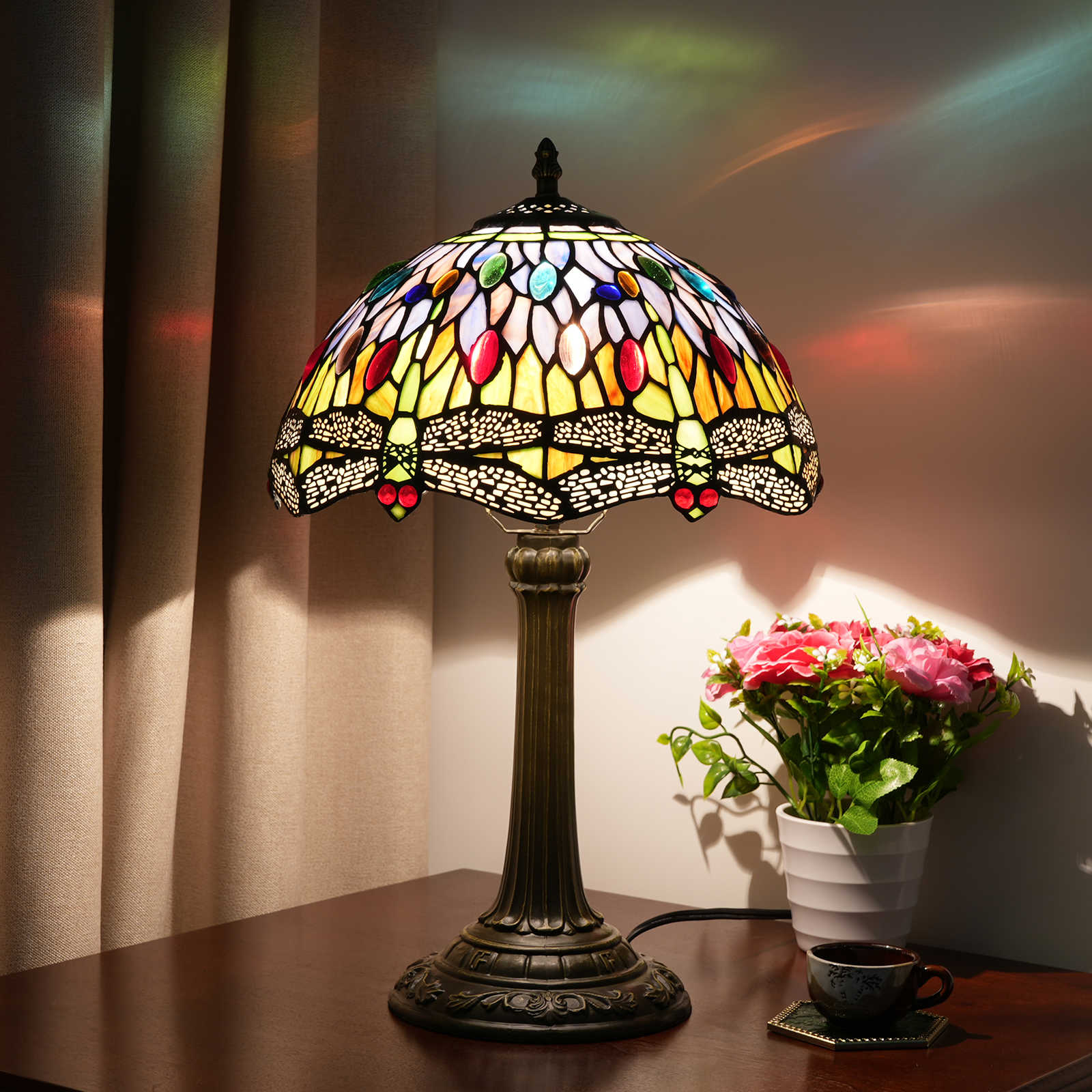Blivuself Tiffany Style Stained Glass Lamp Shade European Vintage Dragonfly Style Blue And Green Beaded Dragonfly 12 Inch Table Lamp Eye Protection Lamp Is Suitable For Decorating Living Room, Study, Bedroom Nightstand, Table Lamp, Decorated Vintage Glass Lamp Shade, Desk, Vintage Glass Desk, Kitchen Furniture Decoration 12 Inch Beaded Dragonfly Lamp OFT1016