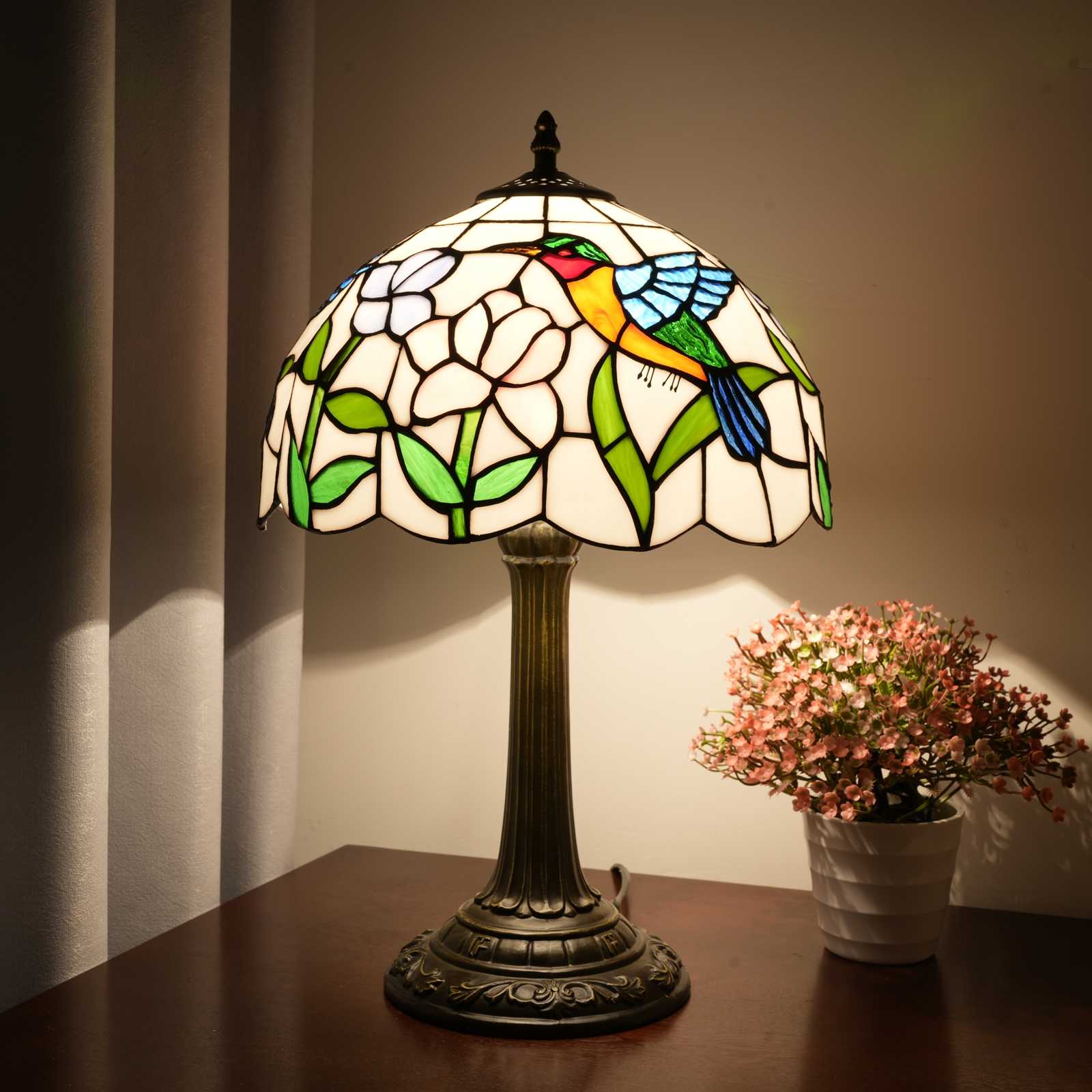 Blivuself Tiffany Stained Glass Table Lamp, 12-Inch Retro Style Blue Hummingbird Design, Suitable For Bedroom, Study, Dining Room And Other Home Decoration Artworks (OFT1296, Two-Tone Floral Hummingbird Table Lamp)