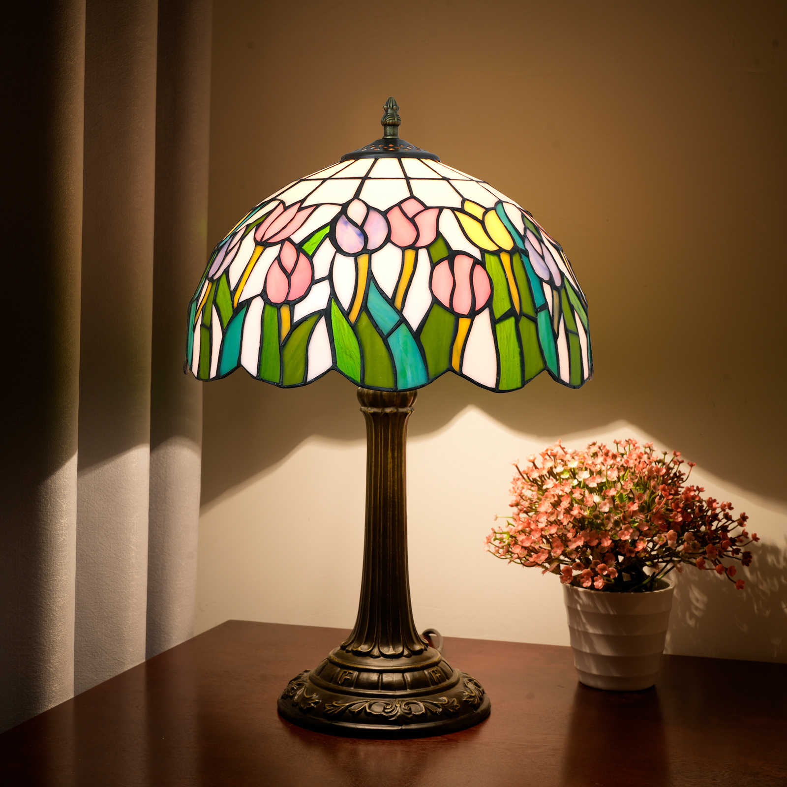 Blivuself Tiffany Stained Glass Table Lamp, 12 Inch Retro Style Tulip Pattern Design, Suitable For Bedroom Study Dining Room And Other Home Decoration Art (OFT1292, Pink Purple Yellow)