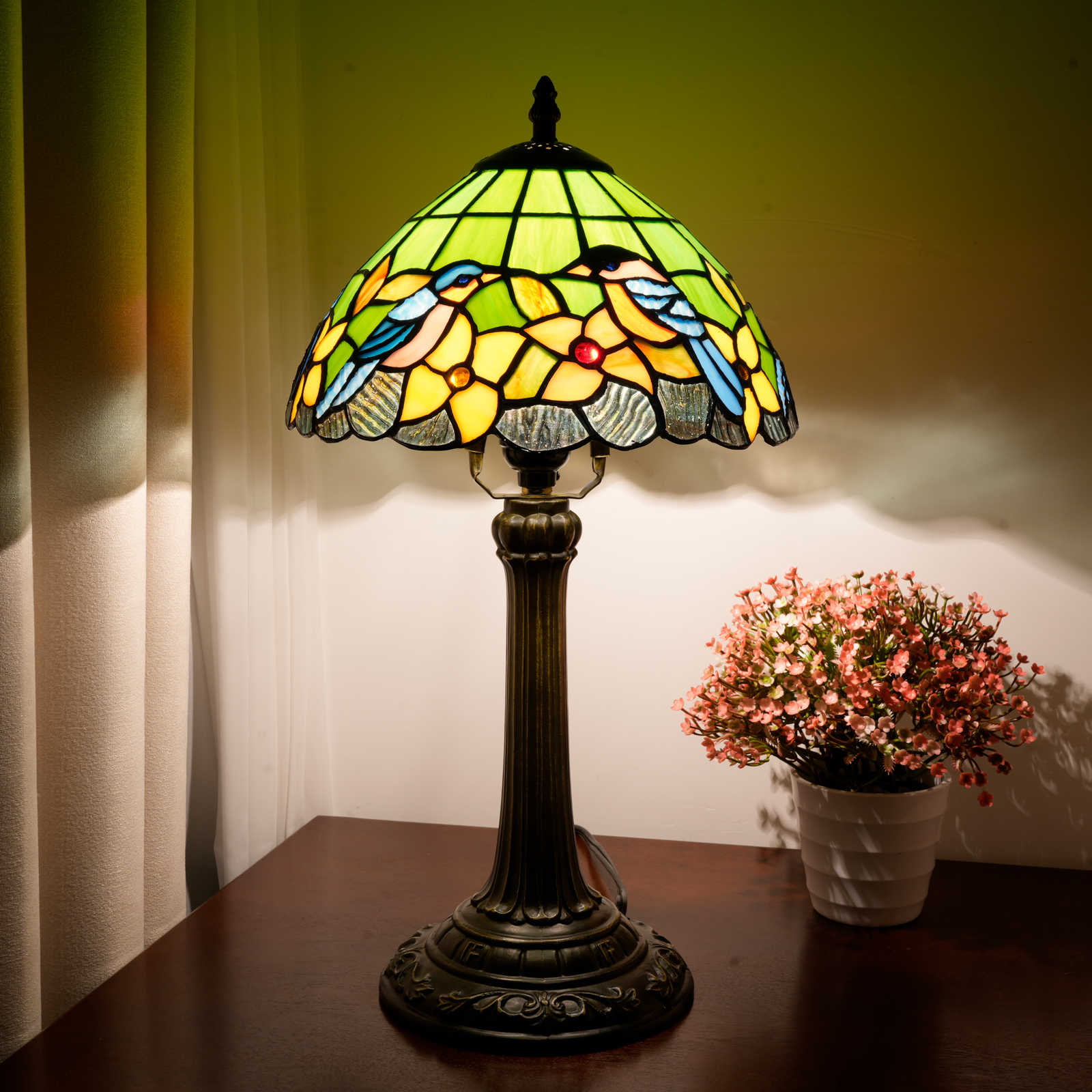Blivuself Tiffany Style Stained Glass Table Lamp,10-Inch Bedside Lamp With Two Robin Patterns, Handcrafted, Suitable For Home Decoration Art In Bedrooms, Dormitories, Dining Rooms, Etc. (Green)OFT1320