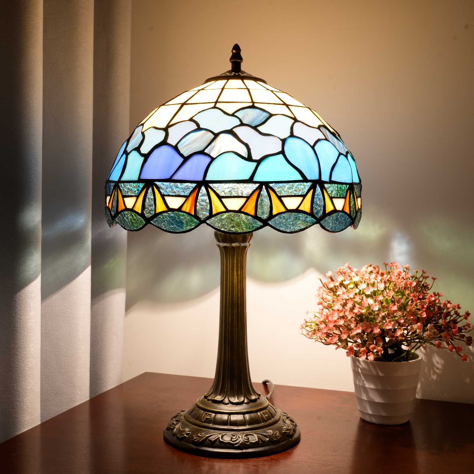 Blivuself Tiffany Style Stained Glass Table Lamp,12-Inch Blue Wave Bedside Lamp, Handcrafted, Suitable For Home Decoration Art In Bedrooms, Dormitories, Dining Rooms, Etc（OFT1315）