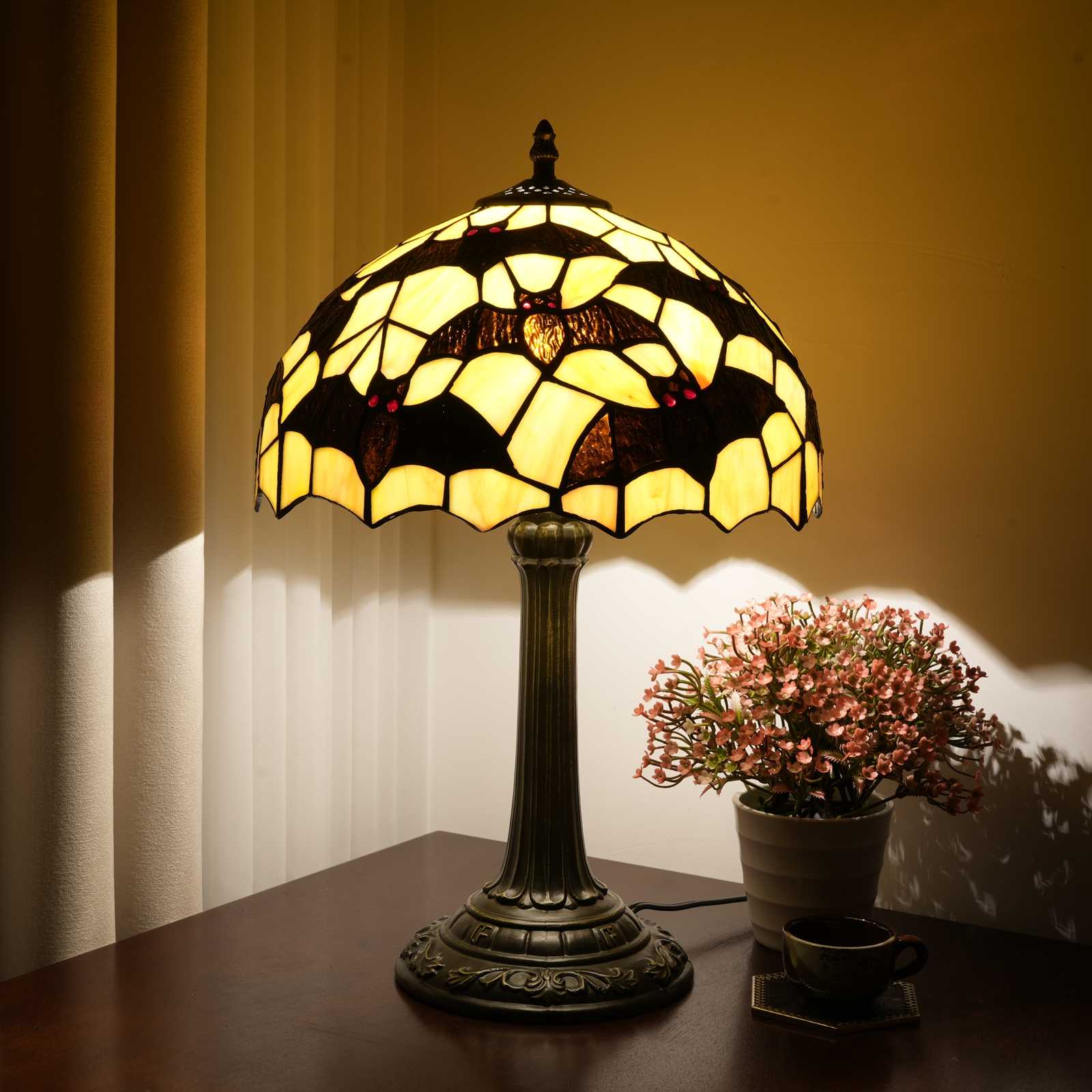 Blivuselftiffany Style Table Lamp, 12-Inch Retro Dark Elf Bat Pattern Bedside Lamp, Handcrafted Glass Lampshade, Suitable For Home Decoration Art In Bedrooms, Dormitories, Dining Rooms, Etc（Orange And Black)-OFT1287