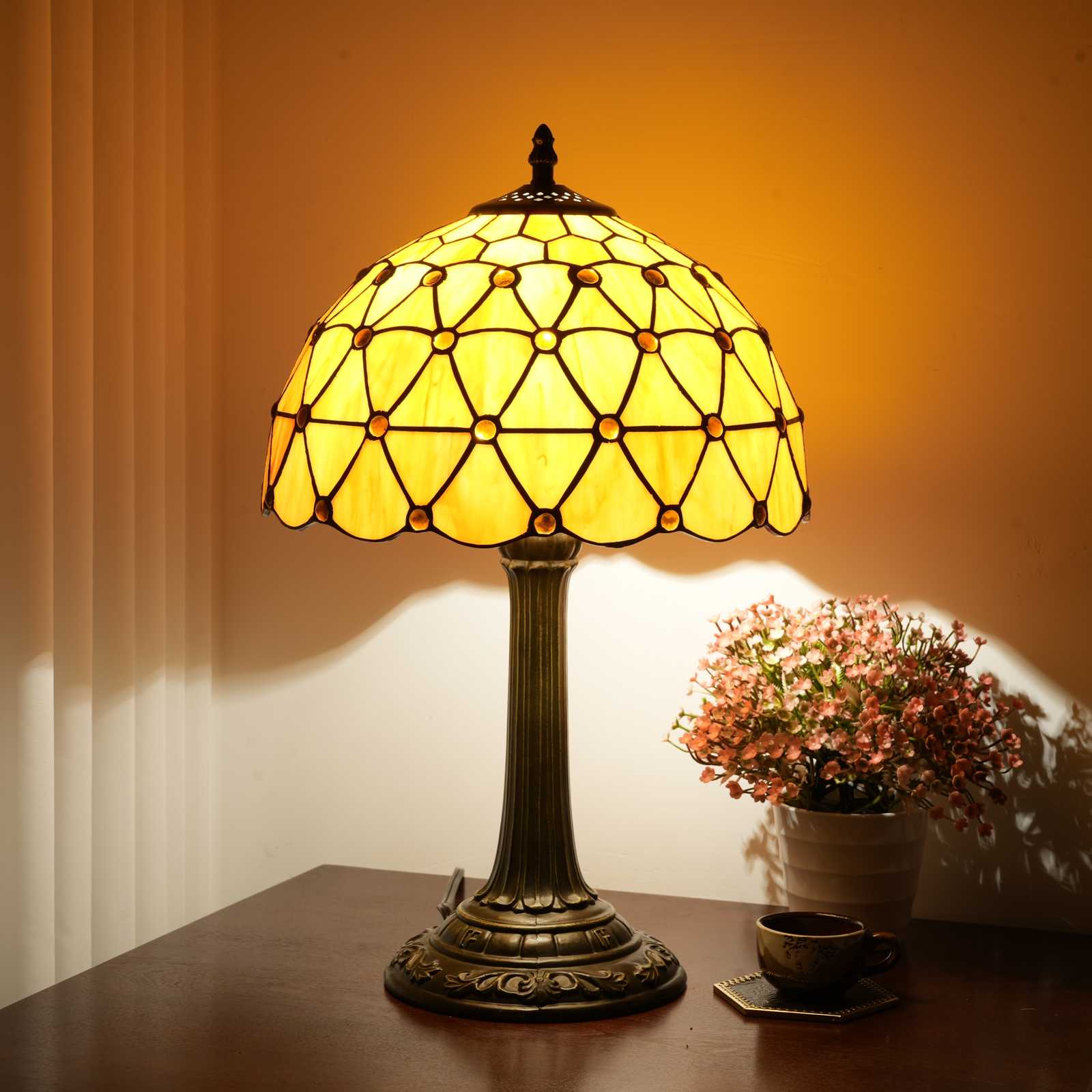 Blivuself Tiffany Style Stained Glass Table Lamp, 12-Inch Orange Retro Bedside Lamp, Handcrafted, Suitable For Home Decoration Art In Bedrooms, Dormitories, Dining Rooms, Etc（OFT1314）