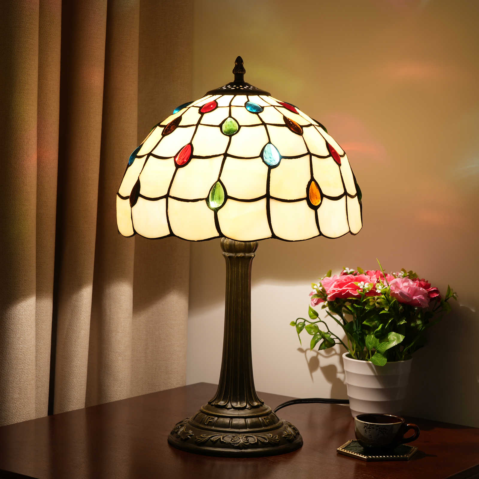 Blivuself Tiffany Style Stained Glass Lamp Shade European Vintage Warm Style Yellow Colored Beads 12 Inch Desk Lamp Eye Protection Desk Lamp Is Suitable For Decorating Living Room, Study, Bedroom Nightstand, Desk Lamp, Decorated Vintage Glass Lamp Shade, Desk, Vintage Glass Desk, Kitchen Furniture Decoration 12 Inch Colored Bead Lamp OFT1042