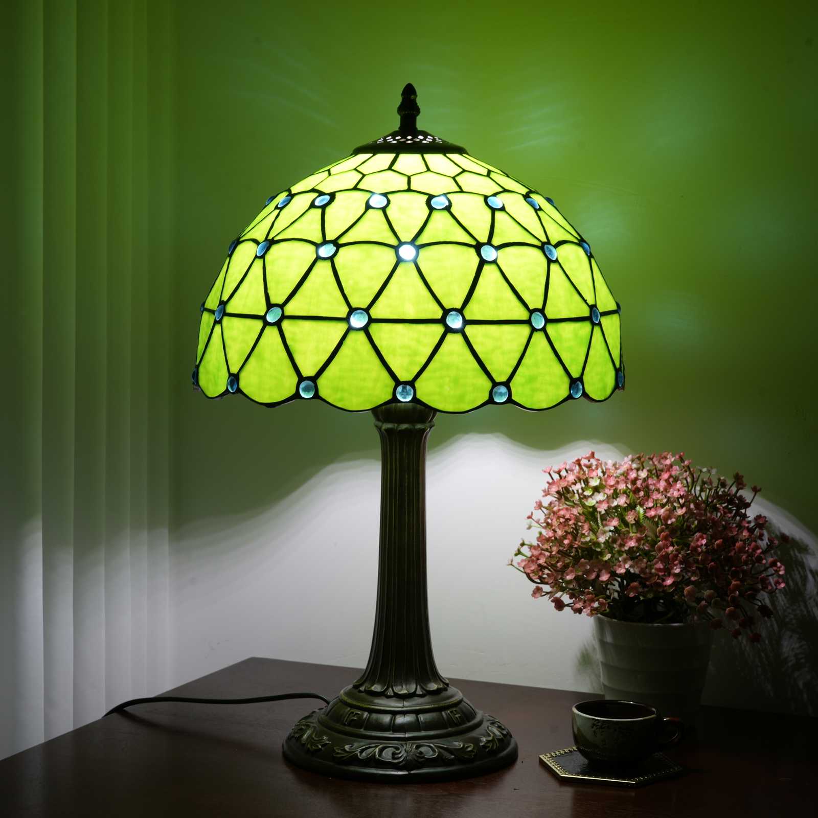 Blivuself Tiffany Stained Glass Table Lamp,  12-Inch Retro-Style Blue Beads, Handcrafted Bedside Lamp, Suitable For Home Decoration Art In Bedrooms, Dormitories, Living Rooms, Etc. (Green)OFT1326
