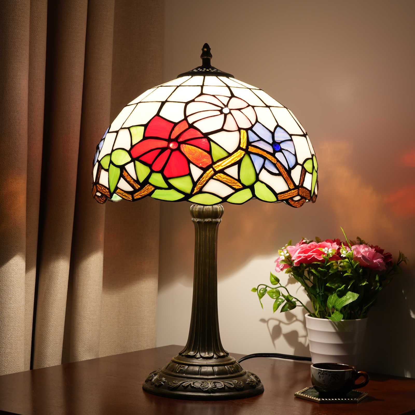 Blivuself Tiffany Style Stained Glass Lampshade European Style Retro Pink Purple Three-Color Morning Glory 12 Inch Desk Lamp Eye Protection Desk Lamp Is Suitable For Decorative Living Room, Study, Bedroom Nightstand, Desk Lamp, Decorative Retro Glass Lampshade, Desk, Retro Glass Desk, Kitchen Furniture Decorative Morning Glory Three-Color Flower Desk Lamp OFT1006