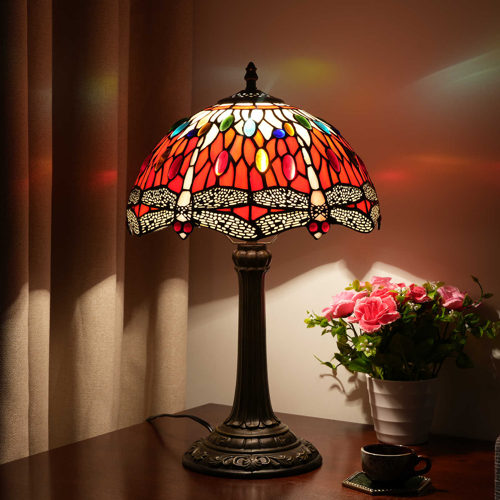 Blivuself Tiffany Style Stained Glass Lamp Shade European Comfort Style Retro Warm Style Dragonfly Style Red Dragonfly 12 Inch Table Lamp Eye Protection Table Lamp Suitable For Decorating Living Room, Study, Bedroom Nightstand, Table Lamp, Decorative Retro Glass Lamp Shade, Desk, Retro Glass Desk, Kitchen Furniture Decoration 12 Inch Red Bottom Dragonfly Lamp OFT1040