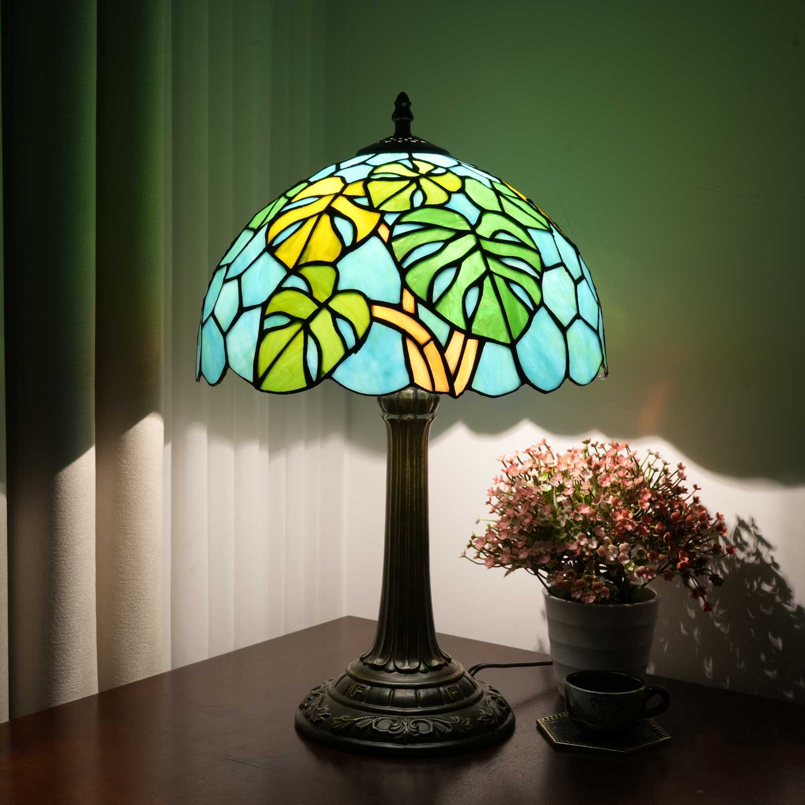 Blivuself Tiffany Stained Glass Table Lamp, 12 Inch Retro Style Monsteradeliciosa Liebm Pattern Design, Suitable For Bedroom Study Dining Room And Other Home Decoration Art (OFT1290, Green)