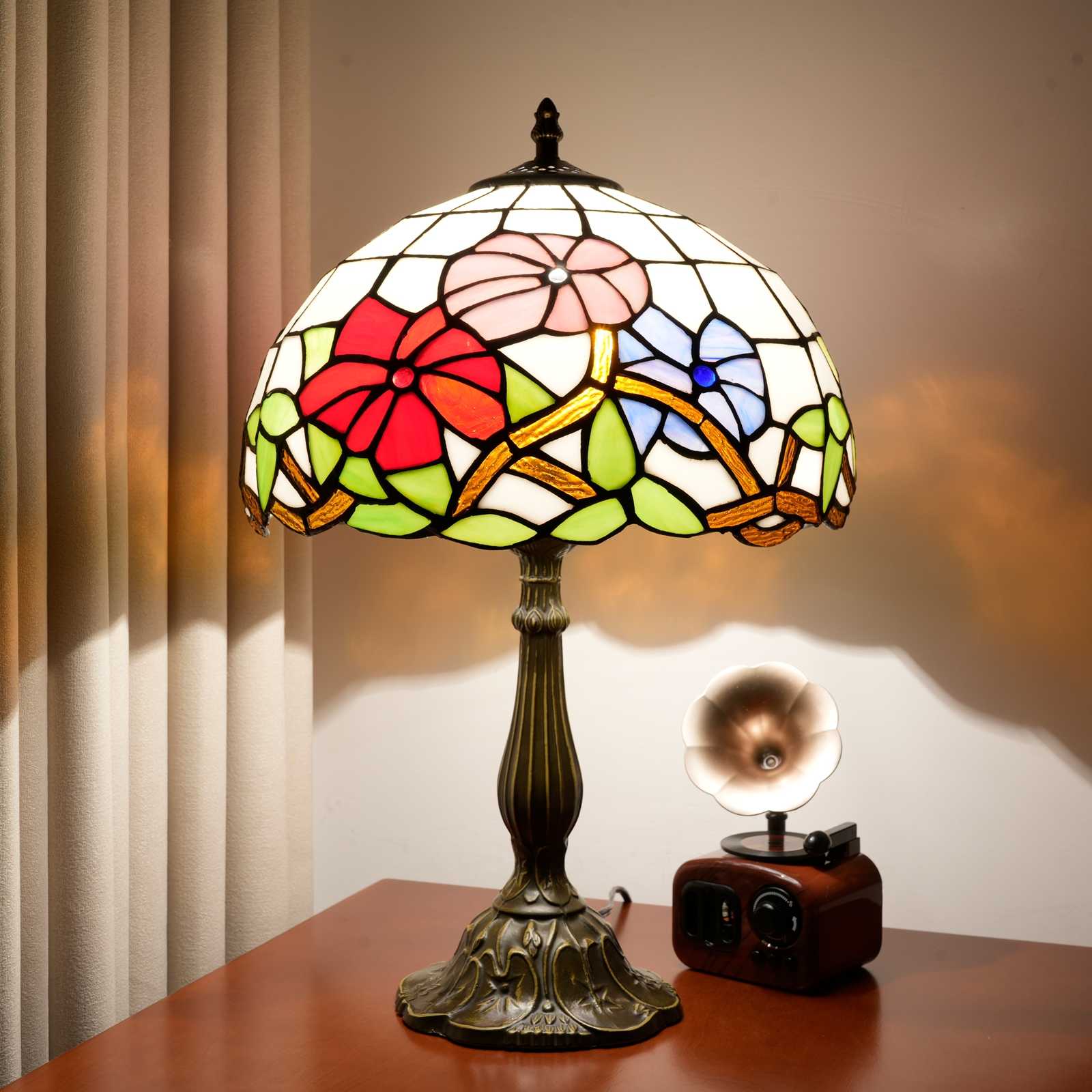 Tiffany Stained Glass Table Lamp, Pastoral Style Morning Glory Design 12 Inch Bedside Lamp, Suitable For Bedroom, Dining Room, Cafe And Other Home Decoration Art (OFT1270, Pink Purple And Red Flowers)