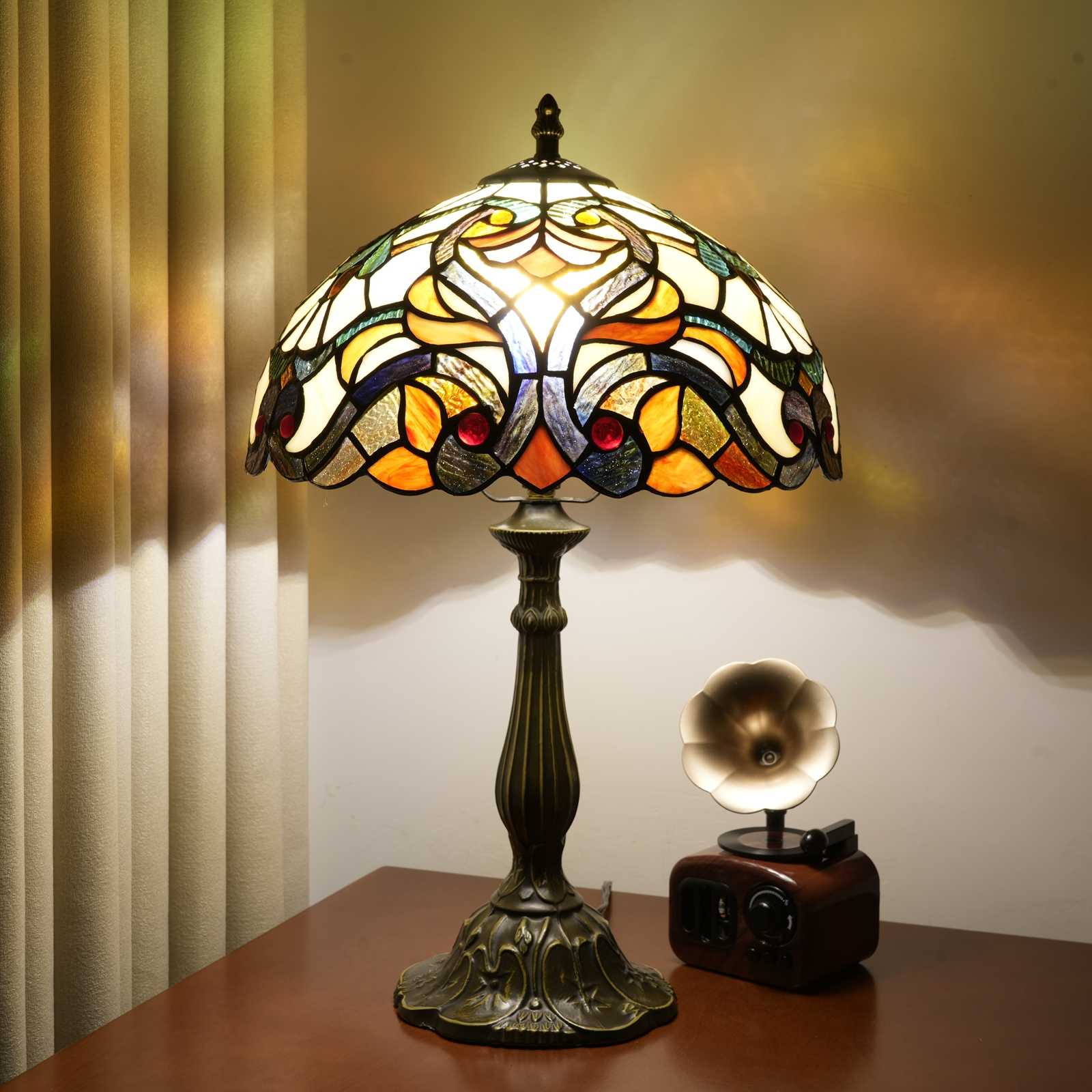 Blivuself Tiffany Stained Glass Table Lamp, Medieval Retro Style Red Baroque Design 12 Inch Bedside Lamp, Suitable For Bedroom Study Cafe And Other Home Decoration Art (OFT1274)