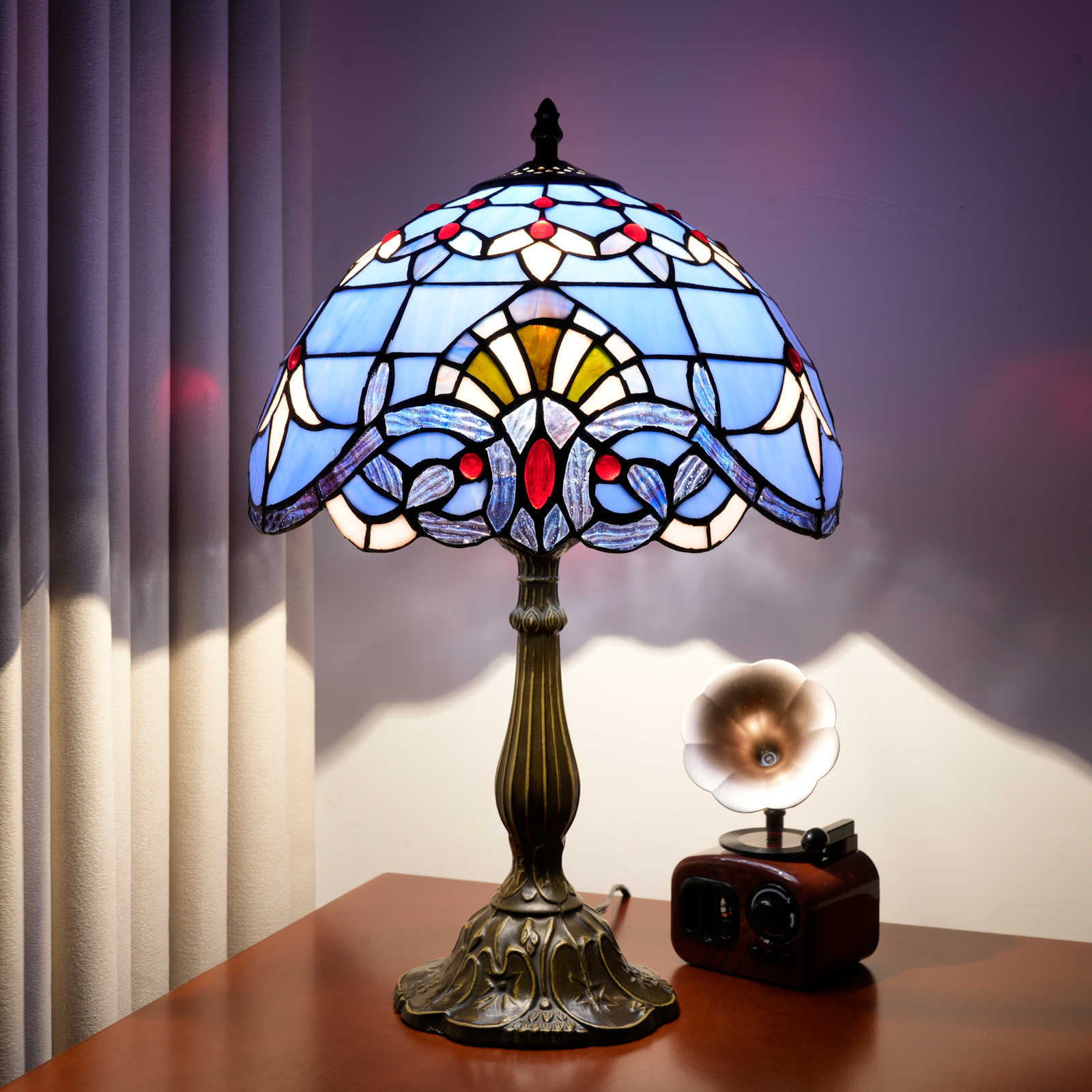 Blivuself Tiffany Stained Glass Table Lamp, Medieval Retro Style Blue Baroque Design 12 Inch Bedside Lamp, Suitable For Bedroom Study Cafe And Other Home Decoration Art (OFT1271)