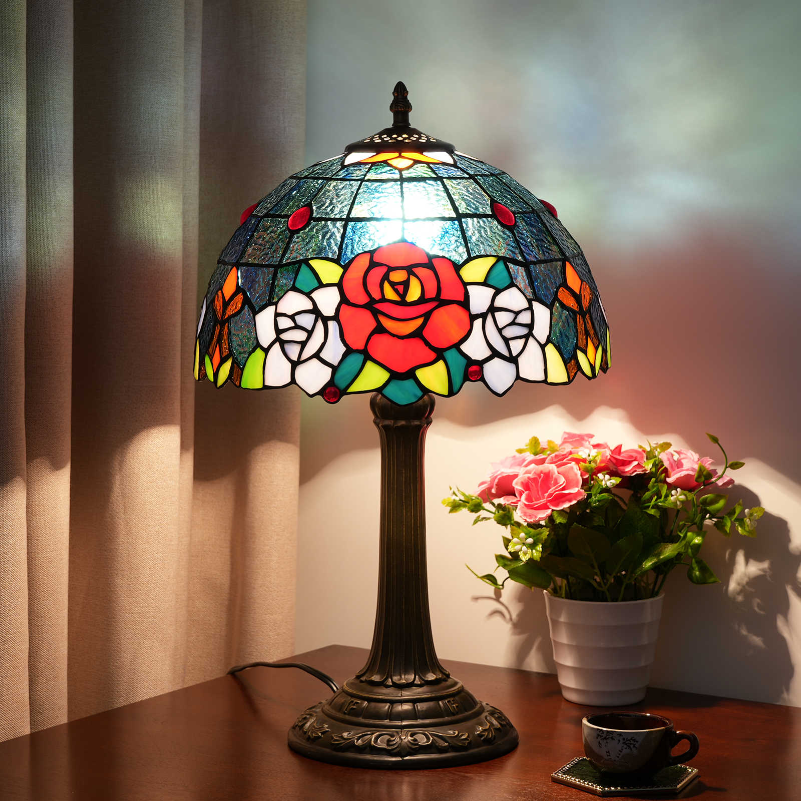 Blivuself Tiffany Table Lamp Vintage Country Style 12 Inch Blue Red Rose Handmade Colored Glass Lamp Shade, Suitable For Bedroom Living Room Study Dining Room, Indoor Lighting Warm Romantic Style Home Decoration, 12 Inch Blue Rose -Of Bronze Desk Lamp OFT964
