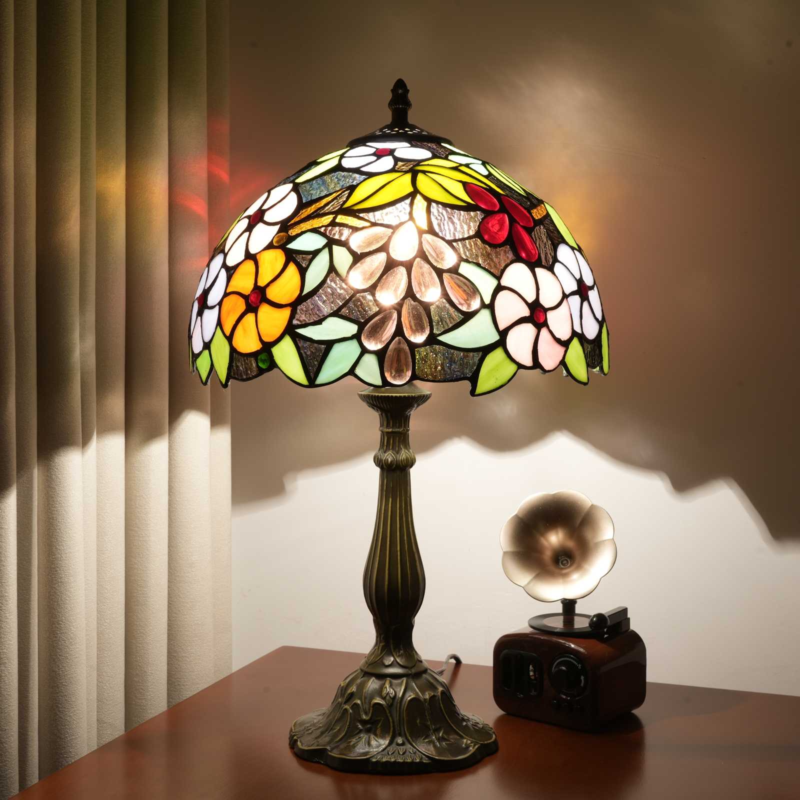 Blivuself Tiffany Stained Glass Table Lamp, 12 Inch Bed Lamp With Grape And Flower Design, Suitable For Bedroom, Study, Cafe And Other Home Decoration Art (OFT1272, Purple And Red)