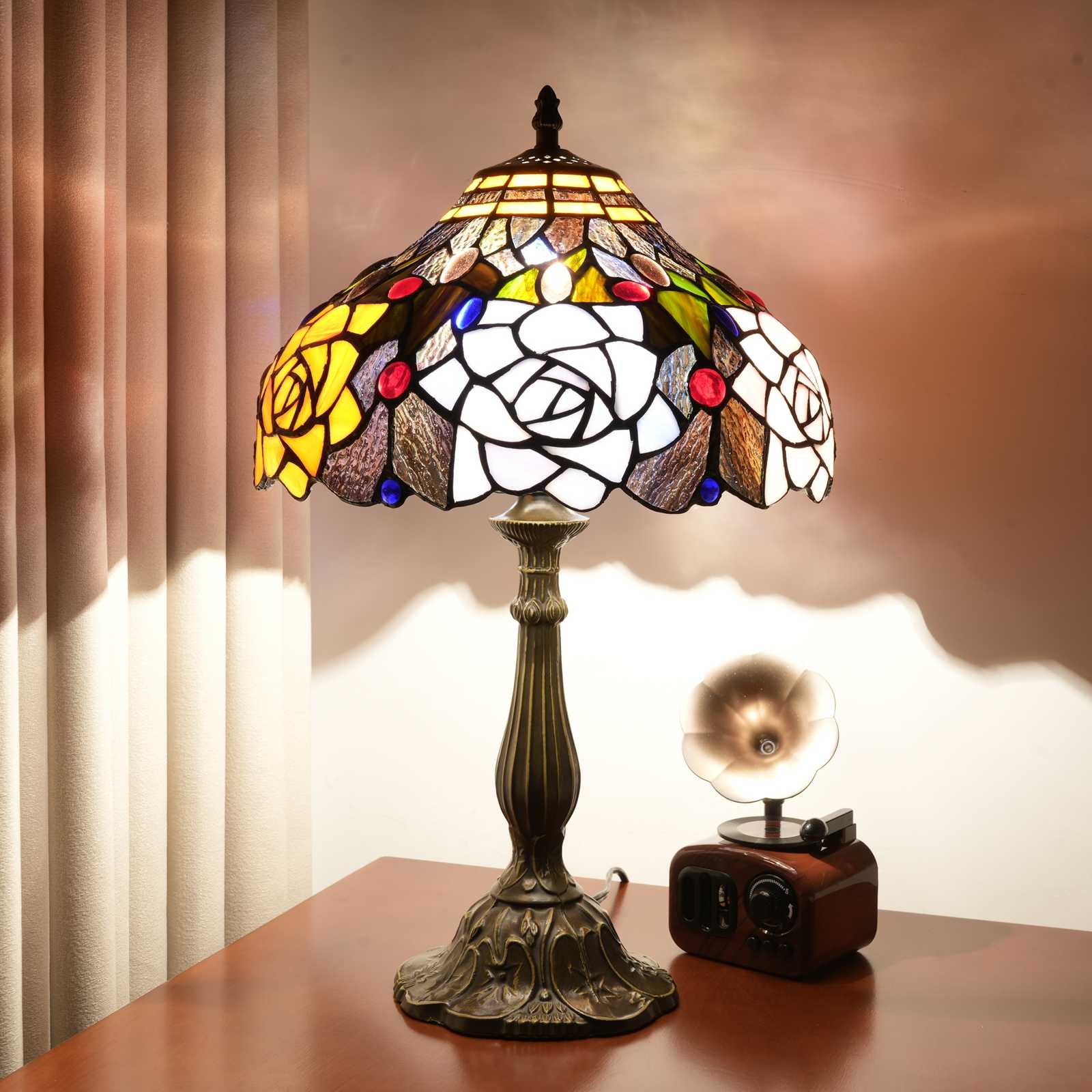 Blivuself Tiffany Stained Glass Table Lamp, Medieval Retro Style Rose Design 12 Inch Bedside Lamp, Suitable For Bedroom Study Cafe And Other Home Decoration Art (OFT1275, Black And Purple)