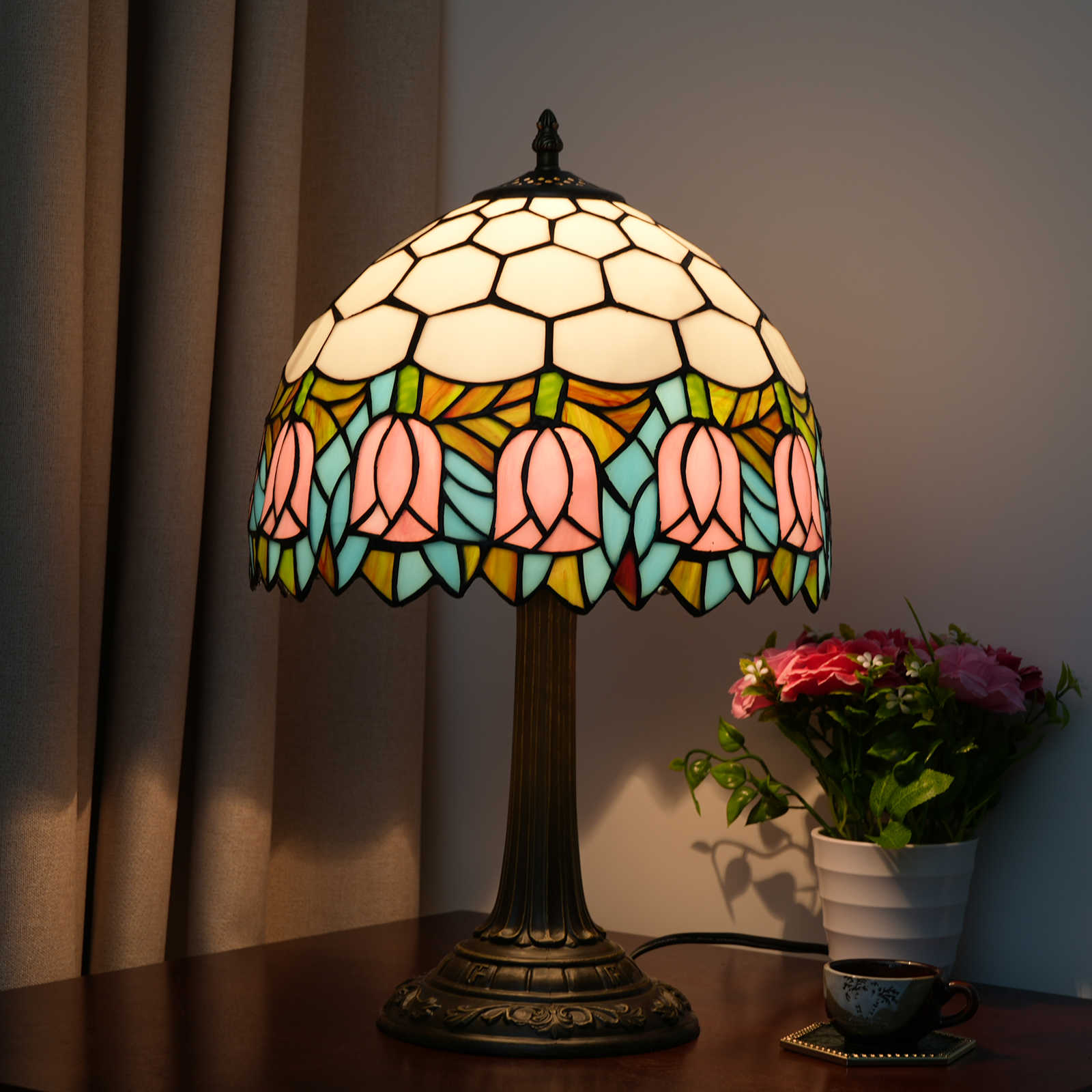 Blivuself Tiffany Lamp Stained Glass Lamp Pink Tulip Bedroom Table lamp Reading Desk Light for Bedside Living Room Office Dormitory Dining Room Decorate Housewarming Gift 12X12X18，12 Inch Pink Tulip OFT1060