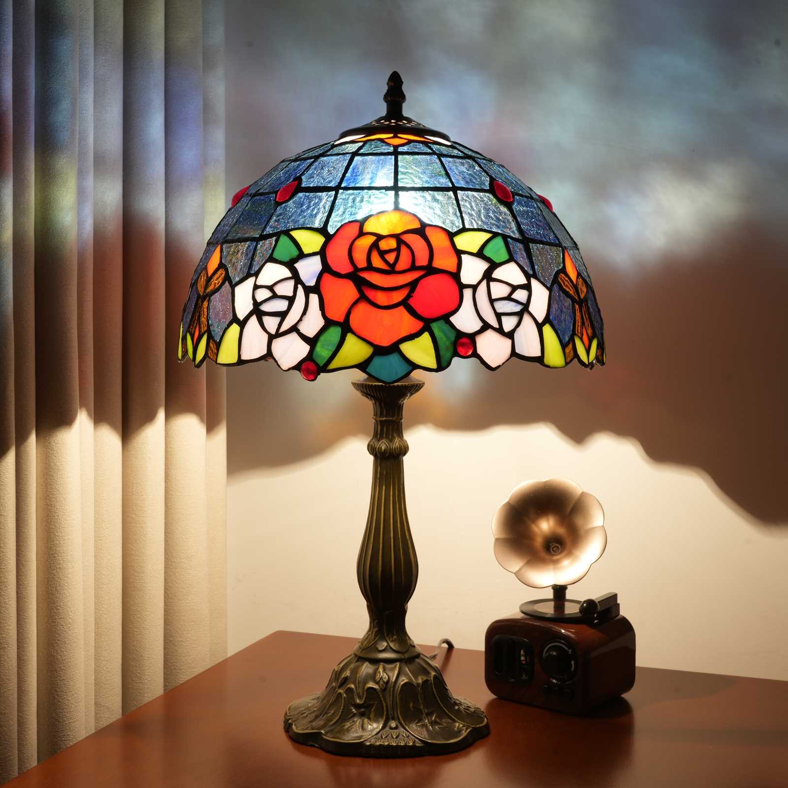 Blivuself Tiffany Stained Glass Table Lamp, 12 Inch Bed Lamp With Rustic Red Rose Design, Suitable For Bedroom, Study, Cafe And Other Home Decoration Art (OFT1273, Blue)